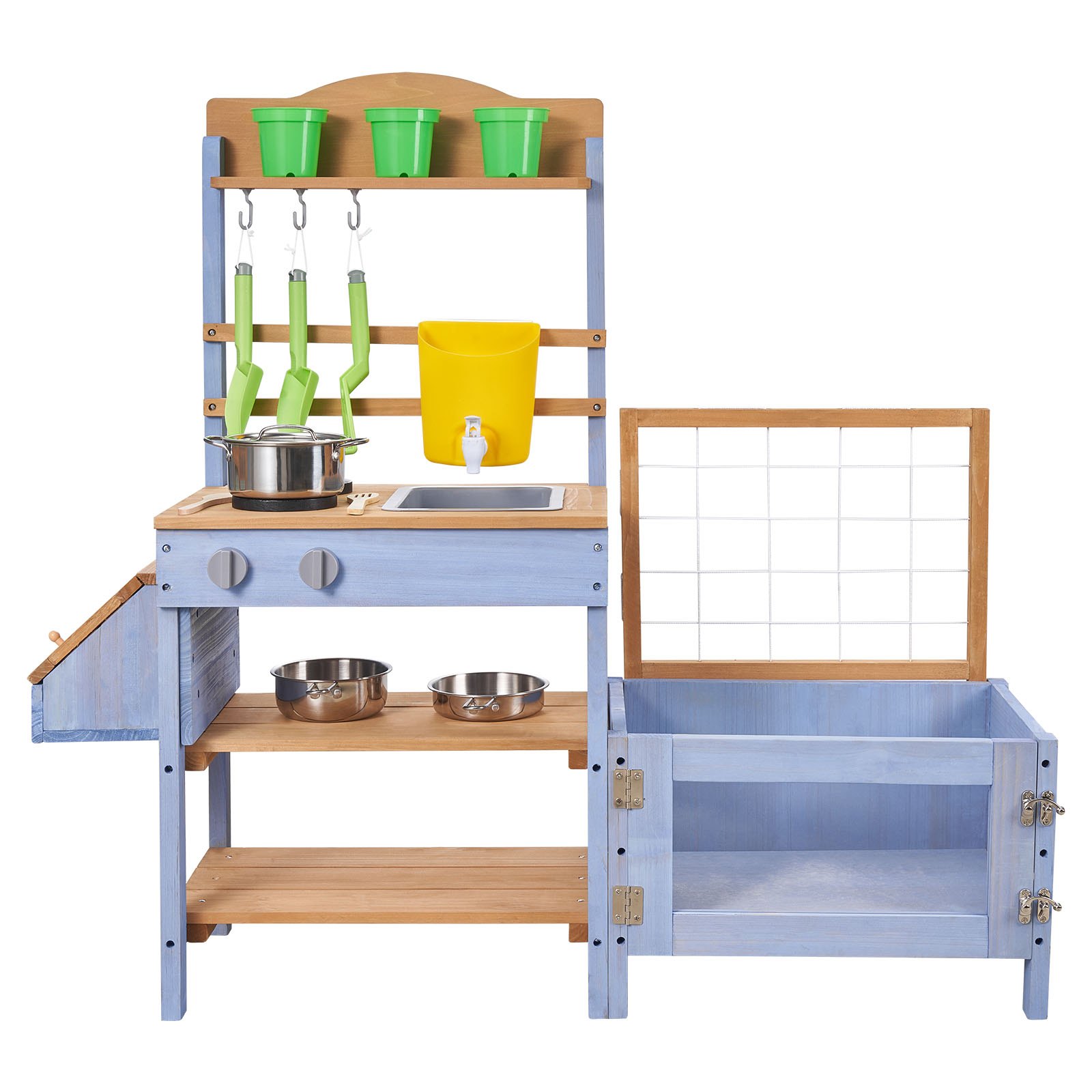 VEVOR Cucina in Legno con Piano di Cottura per Bambini, Cucine da Gioco in Legno con Fioriera, Contenitore per Animali, Vasca, Lavandino, Pentole, Pentole e Accessori, per Prato e Cortile