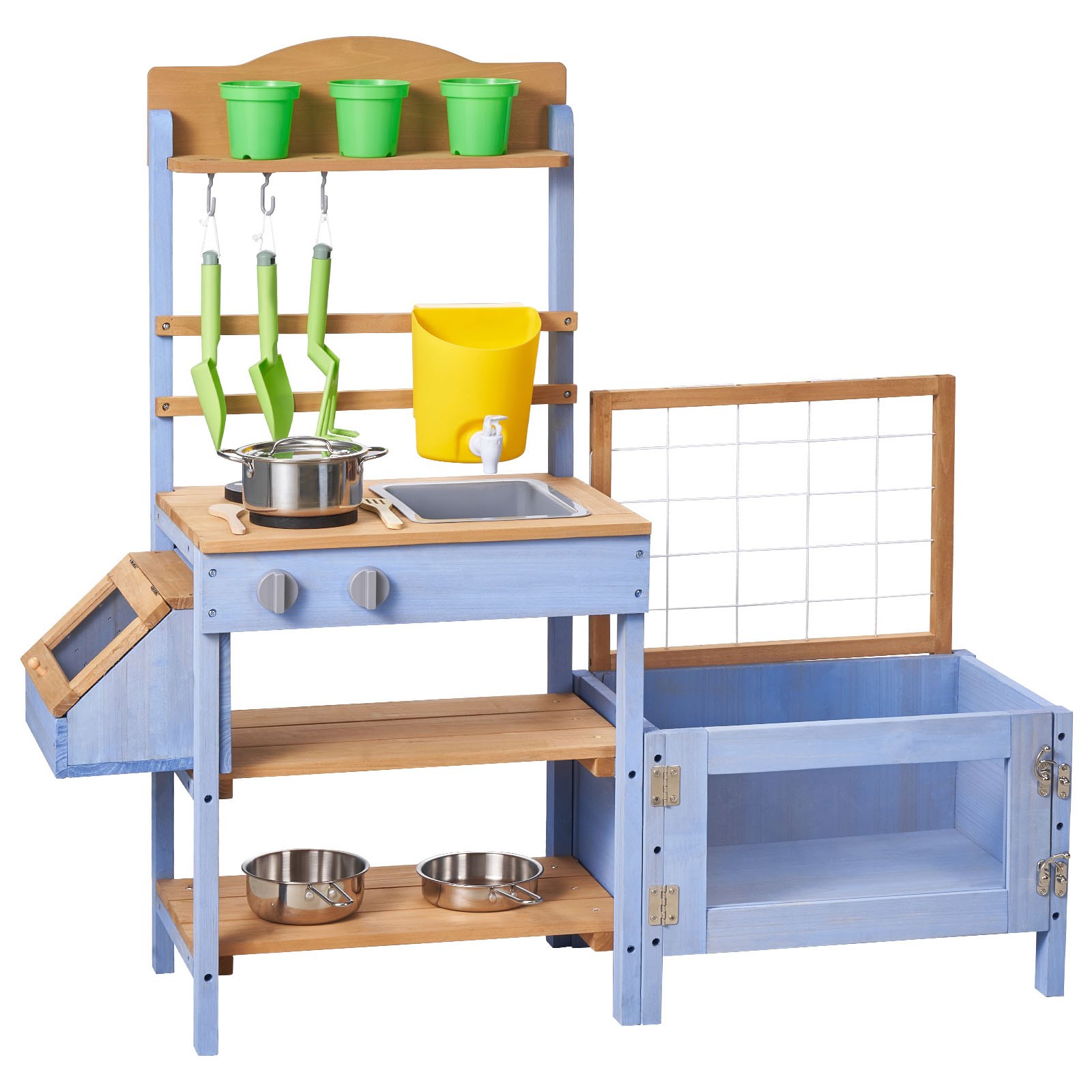 VEVOR Cucina in Legno con Piano di Cottura per Bambini, Cucine da Gioco in Legno con Fioriera, Contenitore per Animali, Vasca, Lavandino, Pentole, Pentole e Accessori, per Prato e Cortile