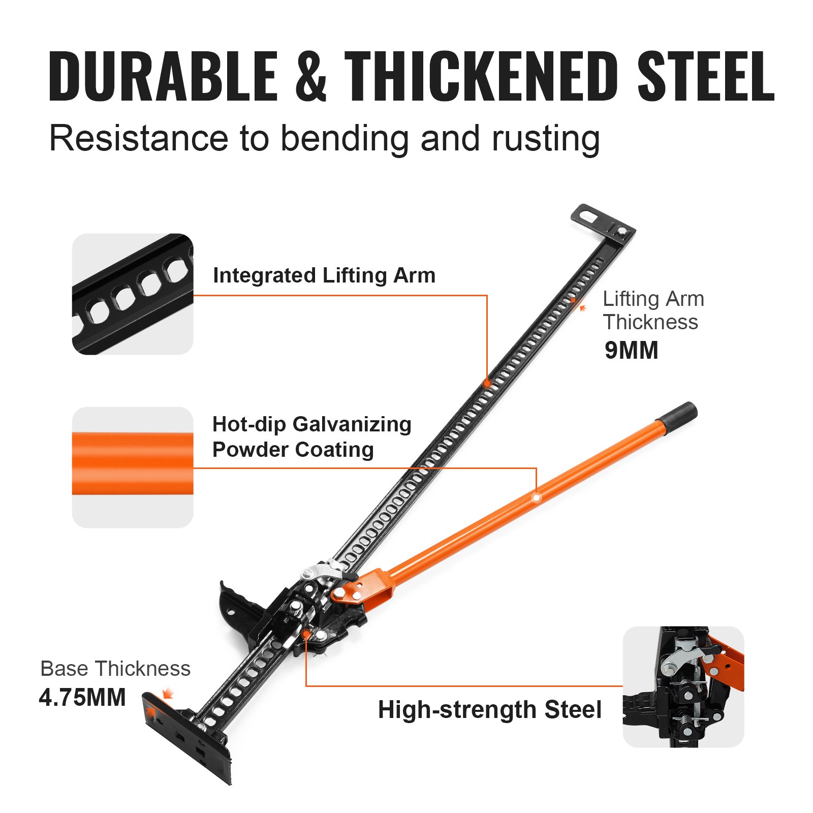 VEVOR Martinetto Sollevatore Agricolo Capacità Carico Max. da 3,18 Tonnellate Altezza di Sollevamento tra 105 - 1330 mm, Cric Fuoristrada Uso Agricolo Dimensioni Base 115 x 180 mm Altezza Foro 20 mm