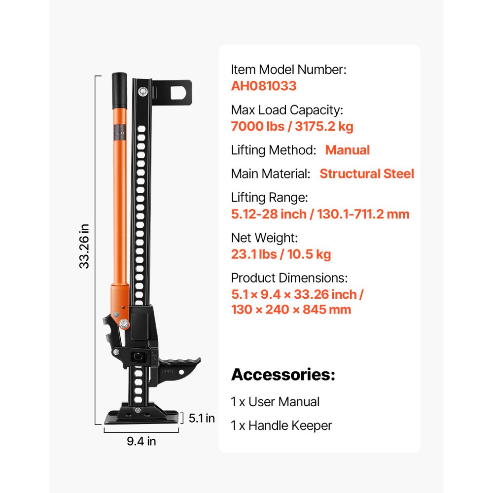 VEVOR Farm Jack Offroad High Lift Farm Jack (3.18 t load capacity) Offroad utility vehicle jack, bumper jack, heavy-duty lifting platform with 130.1–711.2 mm lifting range for tractors, trucks, SUVs