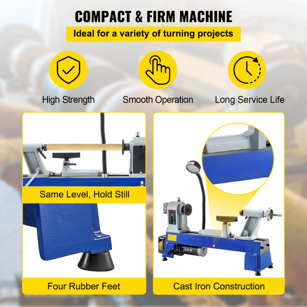 VEVOR Mini Tornio per Legno, Potenza 550 W 3/4 HP 1400 giri/min MT 2 Tornio da Banco per Legno Velocità Variabile in Materiale Ghisa per Vari Usi in Laboratori, Officine, Ingegneria e Istruzione.