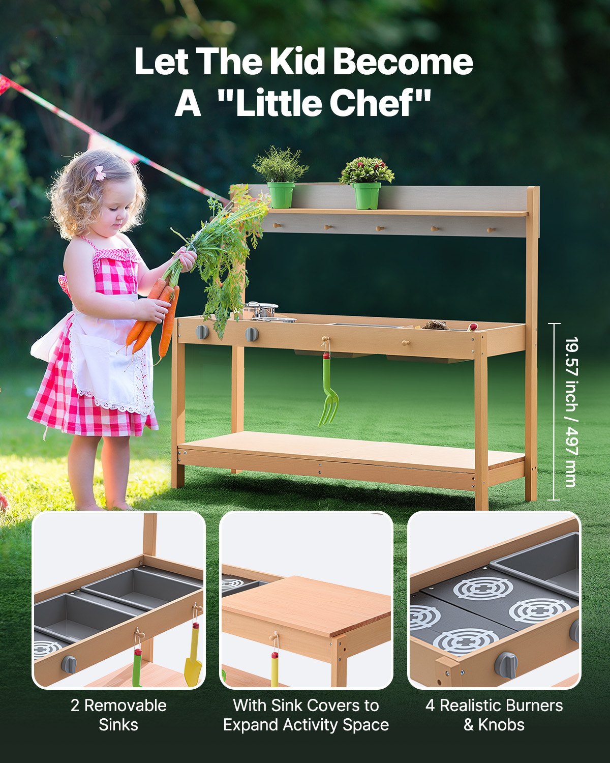 VEVOR Cucina di Fango per Bambini, Larghezza 1000 mm Set da Cucina Giocattolo in Legno con Accessori, Set da Gioco per Negozio di Alimentari all'Aperto, Cucina Gioco per Bambini con Fornello e Lavello