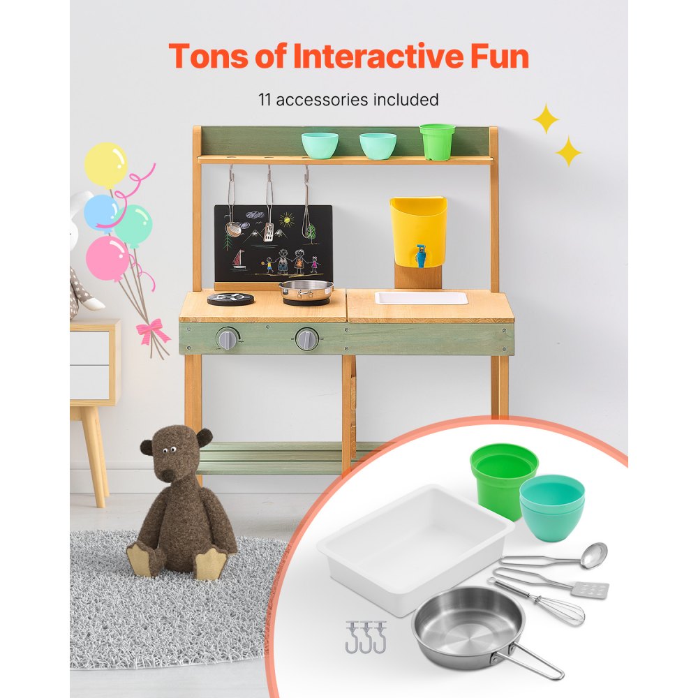 VEVOR Cucina di Fango per Bambini, Larghezza 762 mm Set da Cucina Giocattolo in Legno, Set da Gioco per Negozio di Alimentari per Bambini all'Aperto, Cucina da Gioco con Fioriera, Fornelli, Serbatoio
