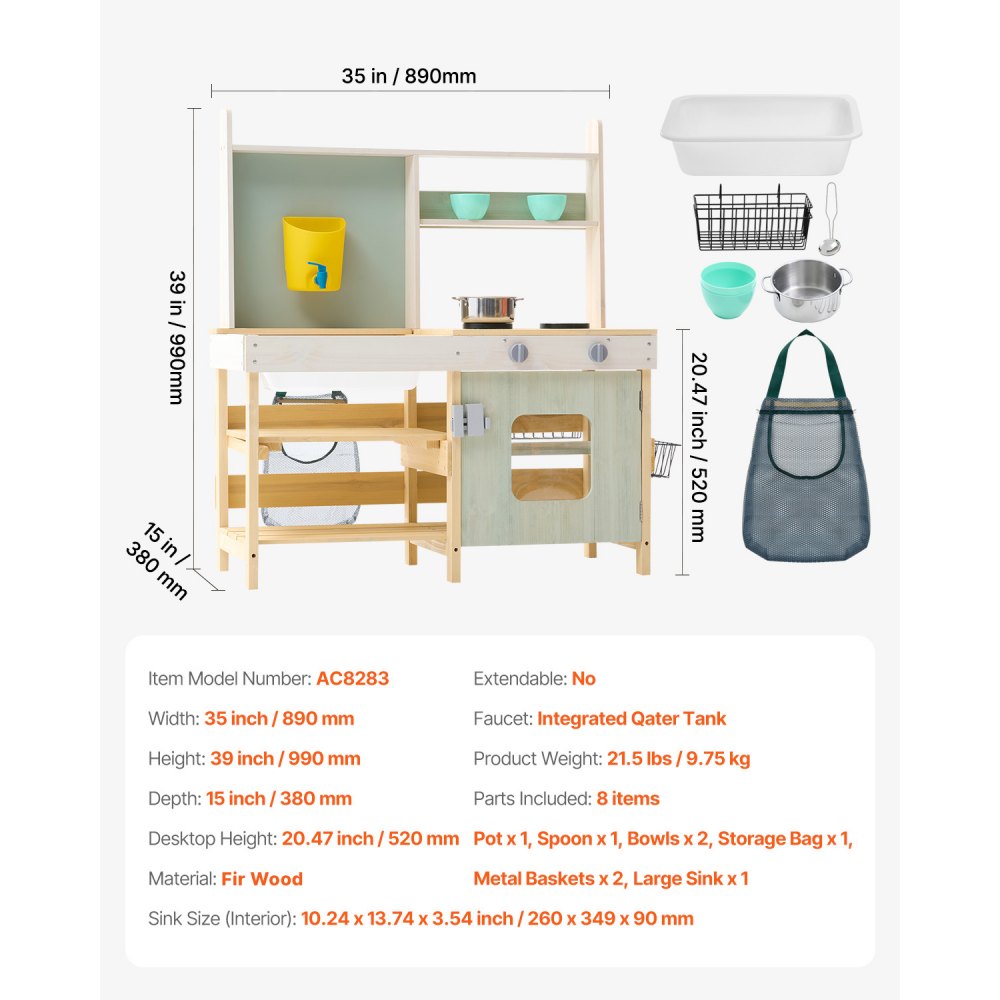 VEVOR Cucina di Fango per Bambini, Larghezza 890 mm Set da Cucina Giocattolo in Legno, Set da Gioco per Bambini all'Aperto, Cucina di Finzione con Fornelli, Serbatoio, Cestini di Metallo e Pentole