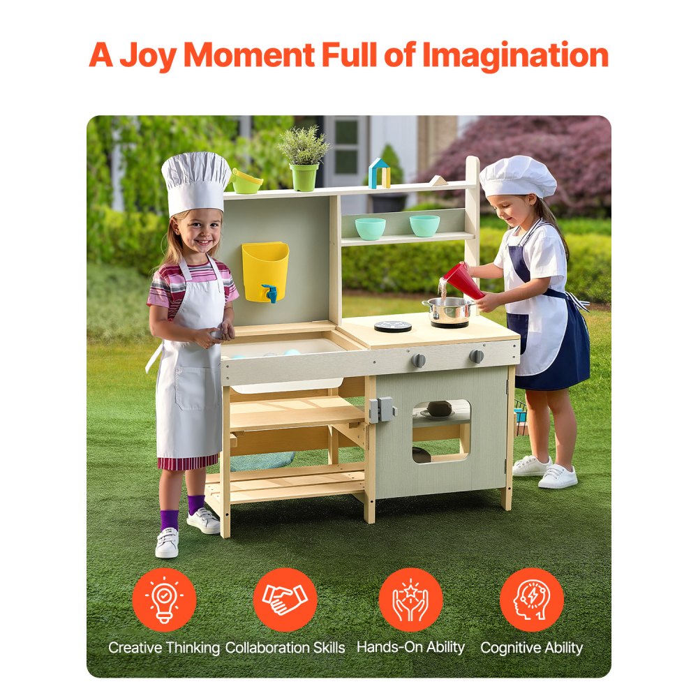 VEVOR Cucina di Fango per Bambini, Larghezza 890 mm Set da Cucina Giocattolo in Legno, Set da Gioco per Bambini all'Aperto, Cucina di Finzione con Fornelli, Serbatoio, Cestini di Metallo e Pentole