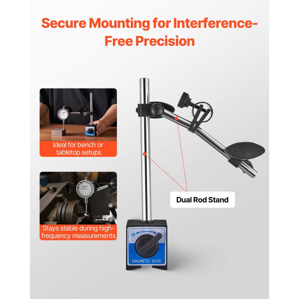 VEVOR Indicatore di Prova a Quadrante con Supporto a 2 Asta e Custodia, Precisione 0,03 mm, Intervallo 0-25,4 mm, Braccio Regolabile Aste di Centraggio non Magnetiche, Impostazione della Macchina