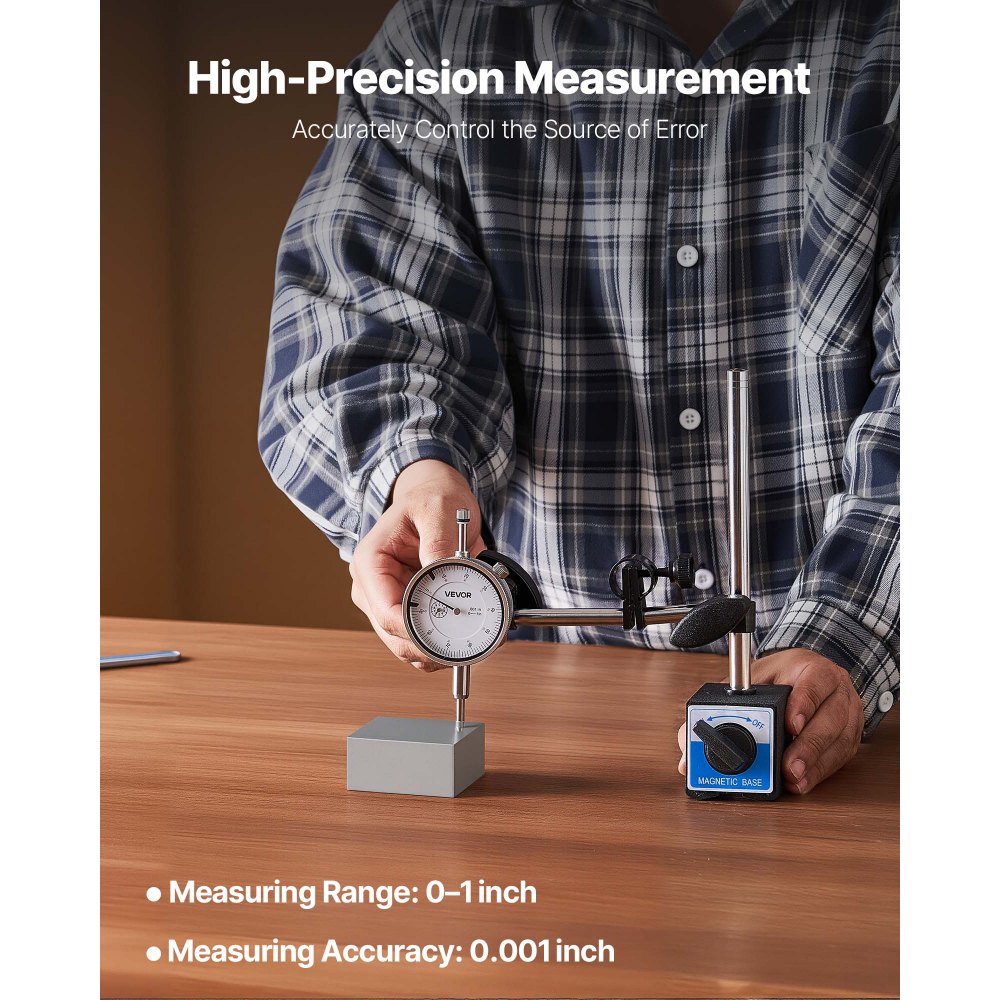 VEVOR Dial Test Indicator with Dual Rod Stand and Storage Case, 0.03 mm Accuracy, 0-25.4mm Range, Fine Adjustable Long Arm, Non-Magnetic Centering Rods for Machine Set-Up, Narrow Area Measurement