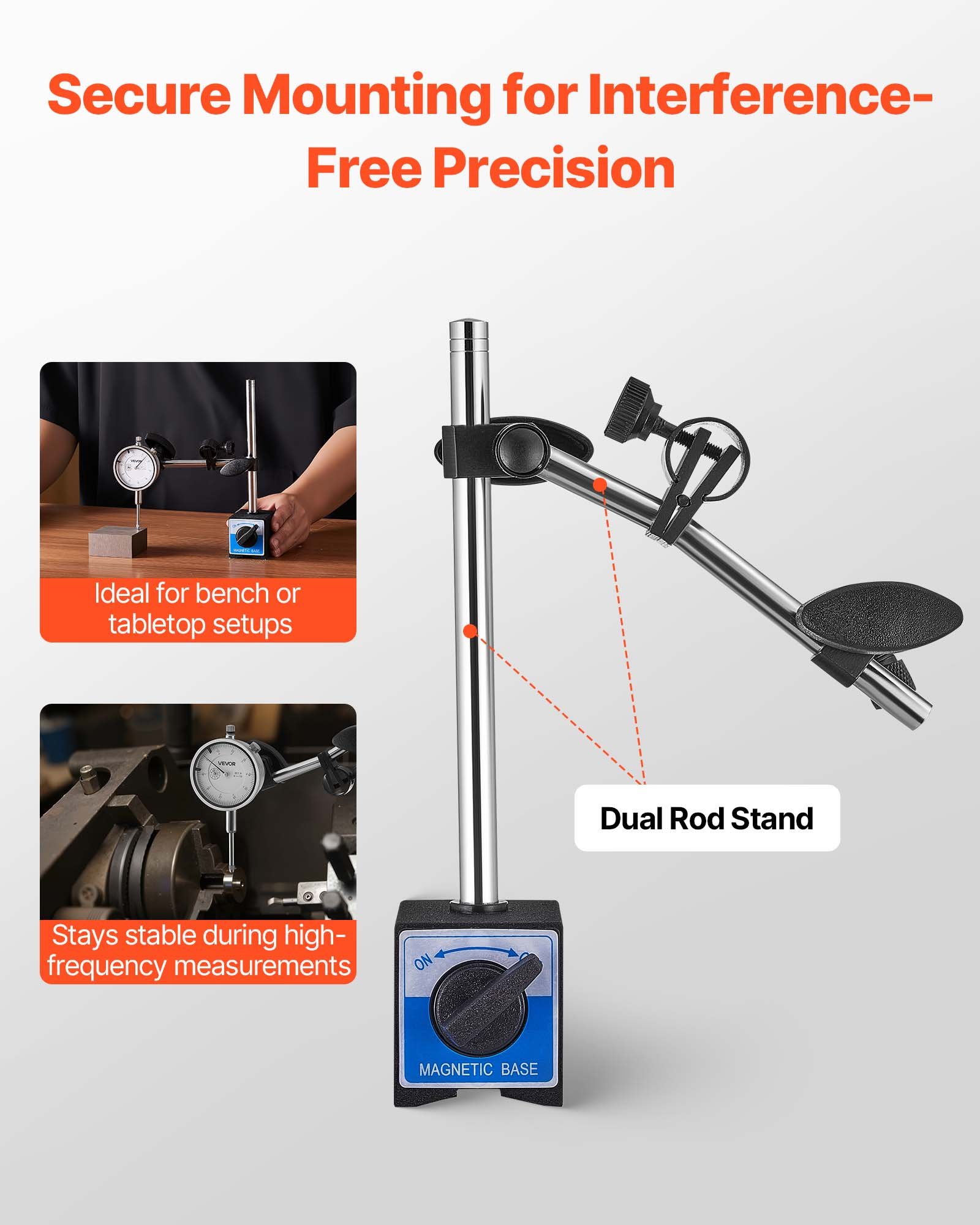 VEVOR Dial Test Indicator with Dual Rod Stand and Storage Case, 0.03 mm Accuracy, 0-25.4mm Range, Fine Adjustable Long Arm, Non-Magnetic Centering Rods for Machine Set-Up, Narrow Area Measurement