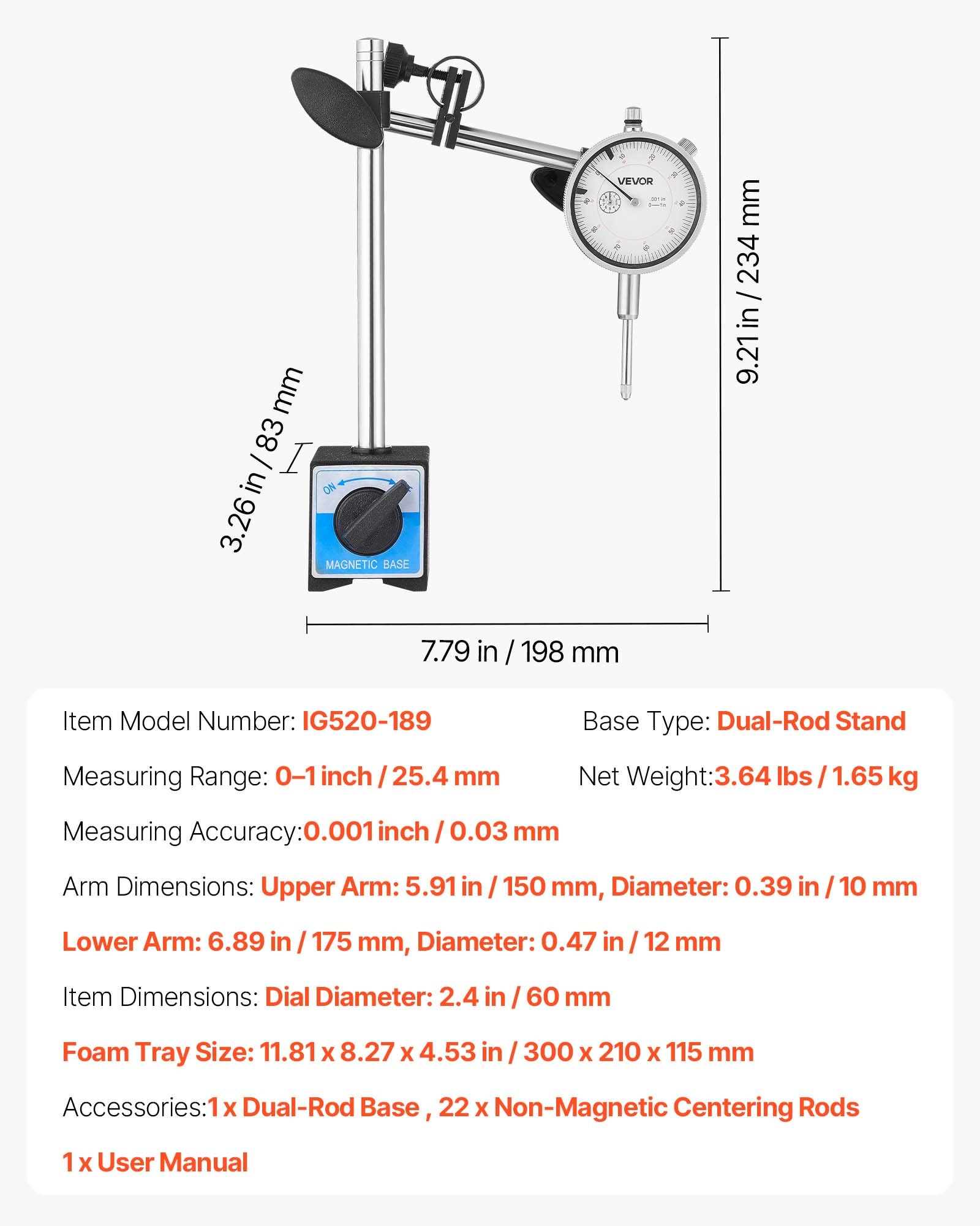VEVOR Dial Test Indicator with Dual Rod Stand and Storage Case, 0.03 mm Accuracy, 0-25.4mm Range, Fine Adjustable Long Arm, Non-Magnetic Centering Rods for Machine Set-Up, Narrow Area Measurement