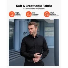 VEVOR Camicia da Uomo con Bottoni, a Maniche Lunghe Antipiega con Bottoni, Vestibilità, in Tessuto Morbido ed Elasticizzato per Abbigliamento Casual o Formale da Lavoro, Matrimonio, Nero Taglia L