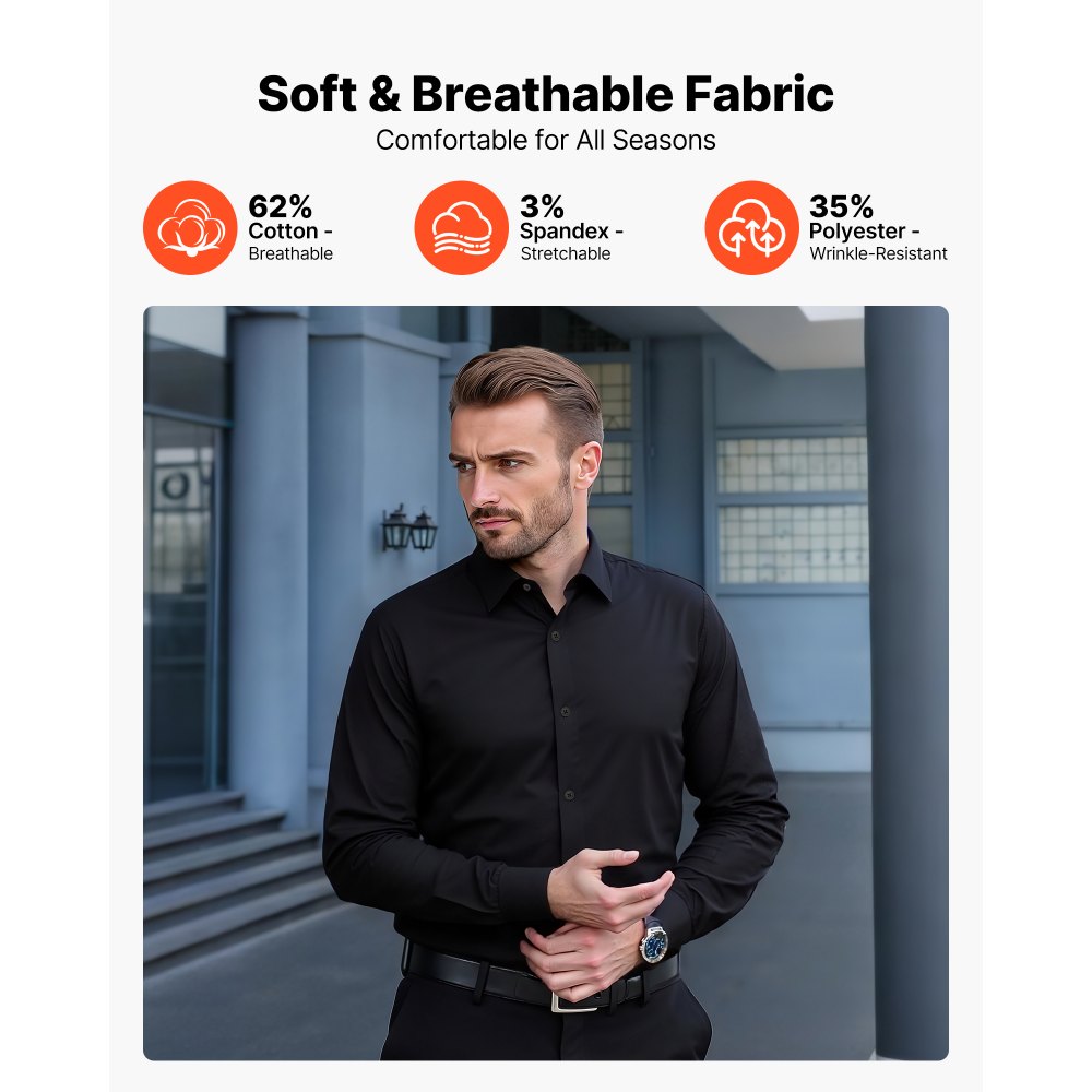 VEVOR Camicia da Uomo con Bottoni, a Maniche Lunghe Antipiega con Bottoni, Vestibilità, in Tessuto Morbido ed Elasticizzato per Abbigliamento Casual o Formale da Lavoro, Matrimonio, Nero Taglia XL