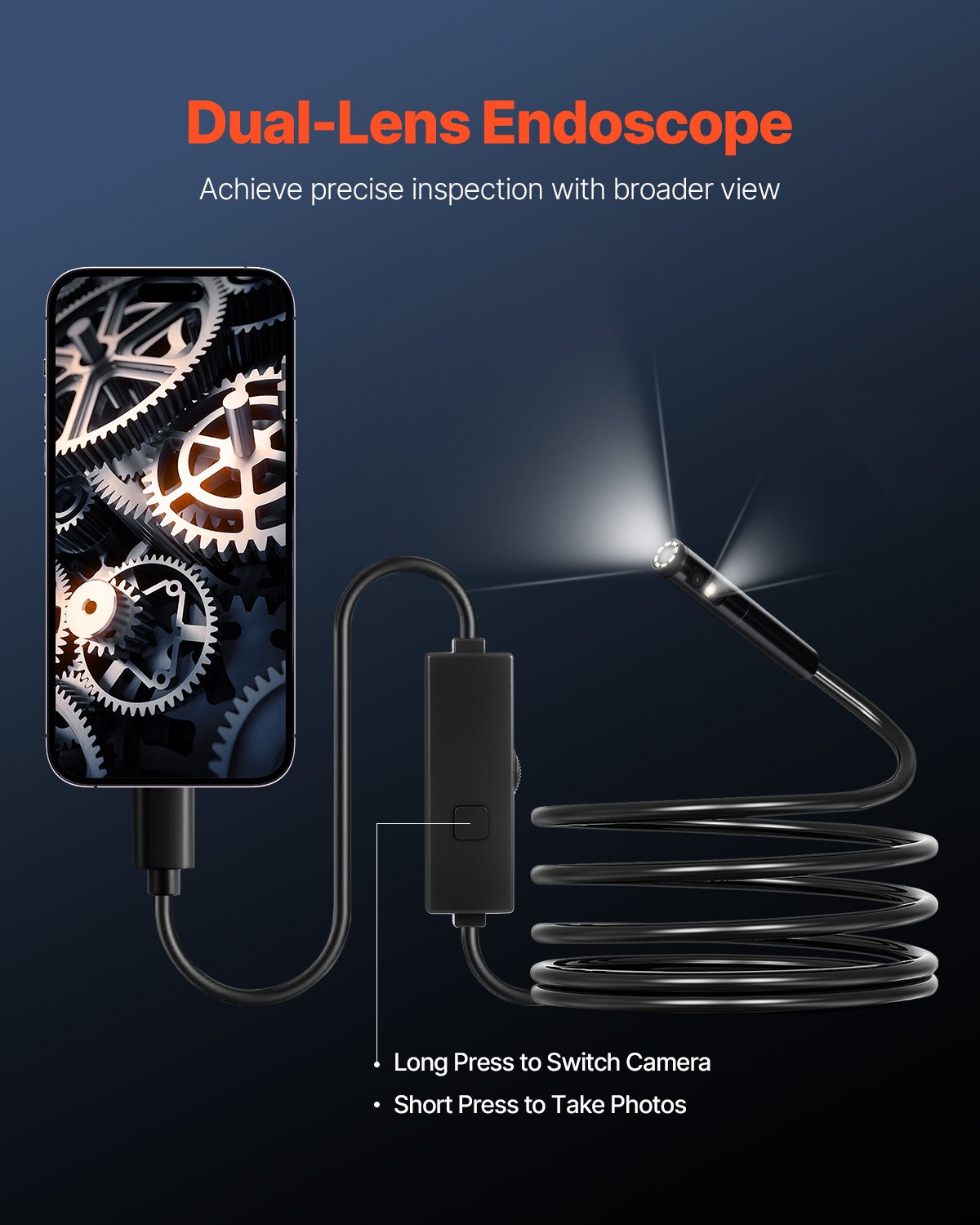 VEVOR Endoscope Camera with Light, Dual Lens Endoscope for Android & iOS, 1920P HD Inspection Camera with 8+1 LED Lights, 2x Zoom, 3m Coil Cable, IP67 Waterproof Camera for Car, Plumbing