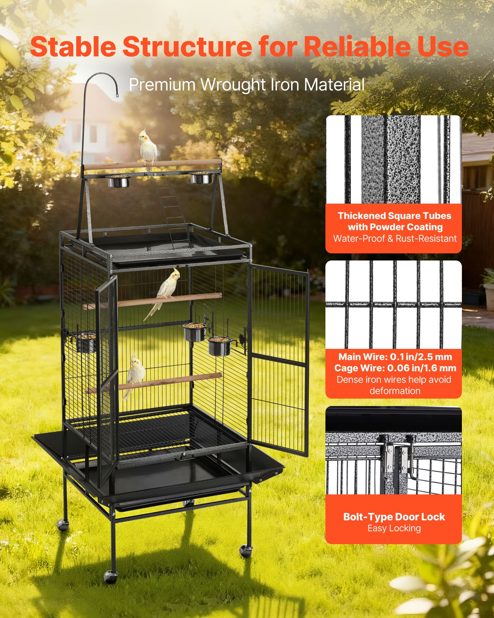 VEVOR Bird Cage, 830 x 790 x 2100 mm, Open Flat Top, Wrought Iron Bird Flight Cage with Perches, Slide-Out Tray, Plastic Feeders, for Cockatiel, Monk Parakeet, Amazon Parrot, African Grey Parrot