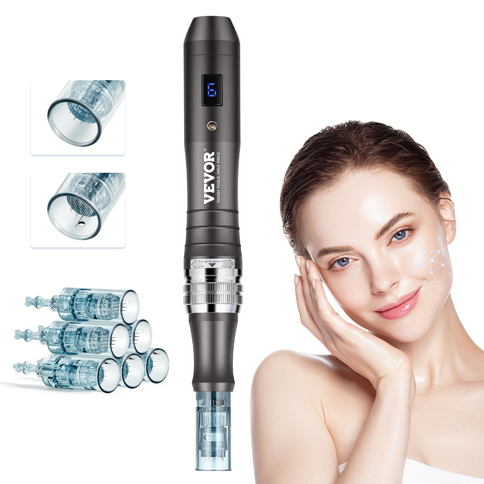 VEVOR Professional Microneedling Pen, Electric Derma Pen with 3 PCS * 16-Pin + 3 PCS * 36-Pin Disposable Cartridges, 6-Speed Dermapen Beauty Device with LCD Display and 0-2.5 mm Adjustable Needle Length