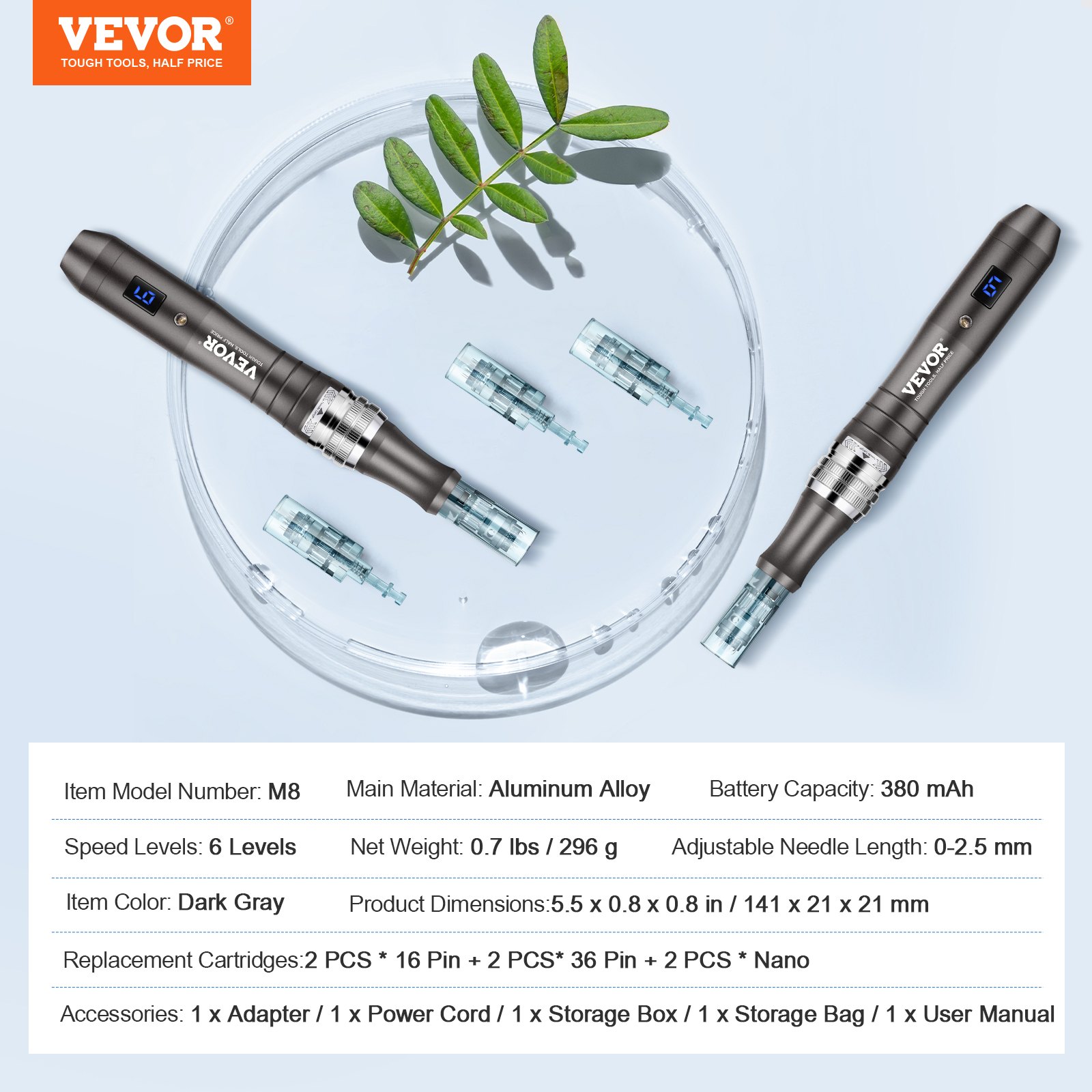 VEVOR Penna Microneedling, Penna Derma Elettrica con 6 cartucce usa e getta, Dispositivo Bellezza Dermapen con 6 velocità Variabili, Display LCD e Lunghezza Ago Regolabile 0-2,5 mm