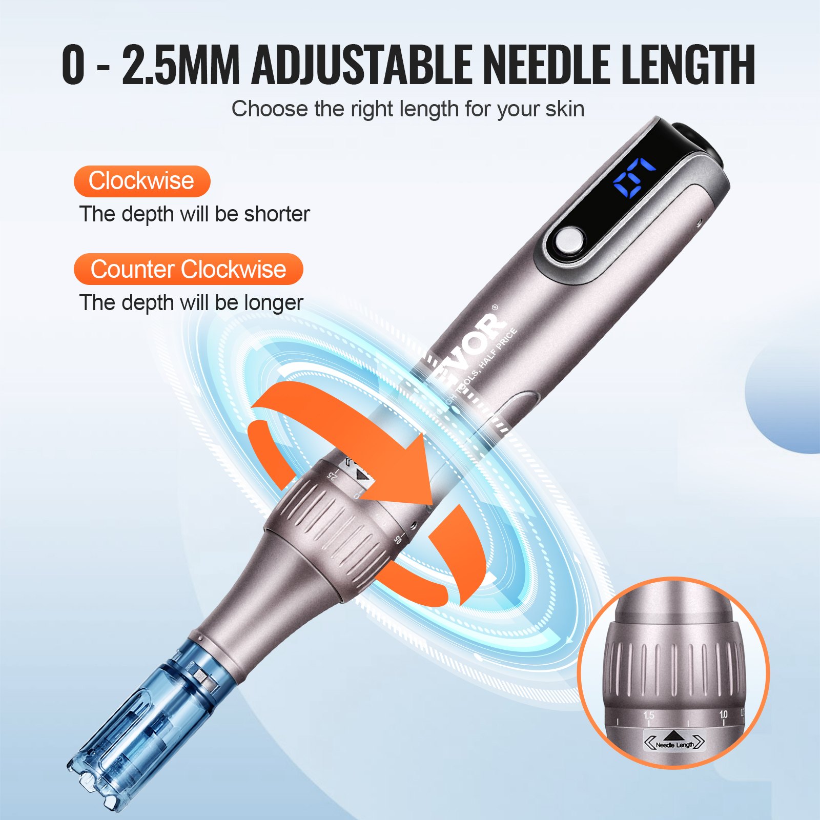 VEVOR Penna per Microneedling Facciale M8S, Penna Derma Elettrica con 20 Aghi Anti-Reflusso, Dispositivo Bellezza con 6 velocità Variabili, Lunghezza Ago Regolabile 0-2,5 mm, Display LCD