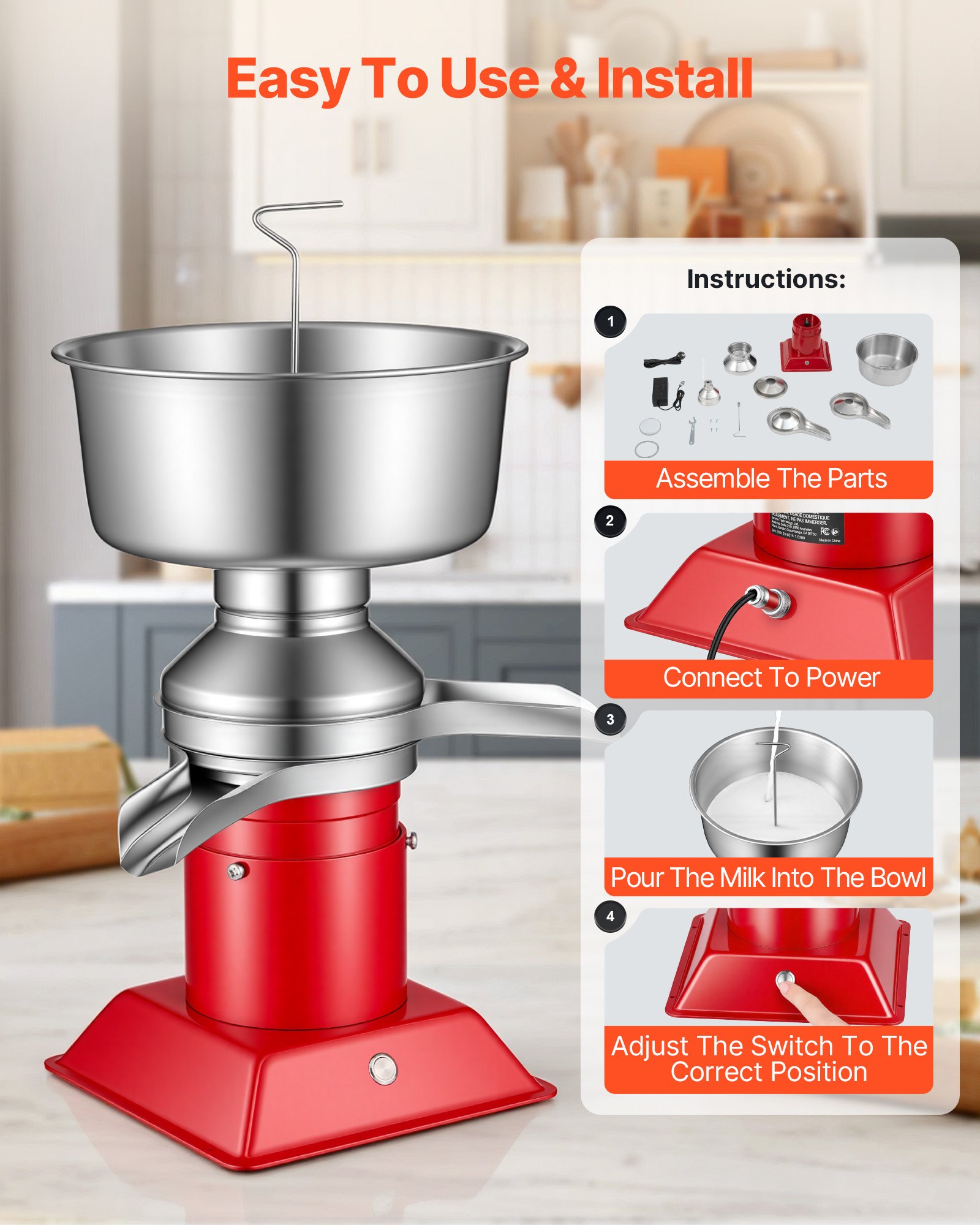 VEVOR Electric Milk Cream Separator, 60L/H Output 10500RPM Milk Cream Centrifugal Separator, 304 Stainless Steel Goat Cow Milk Skimmer Separating Machine with 4.5L Bowl Capacity (40W, 100-240V)