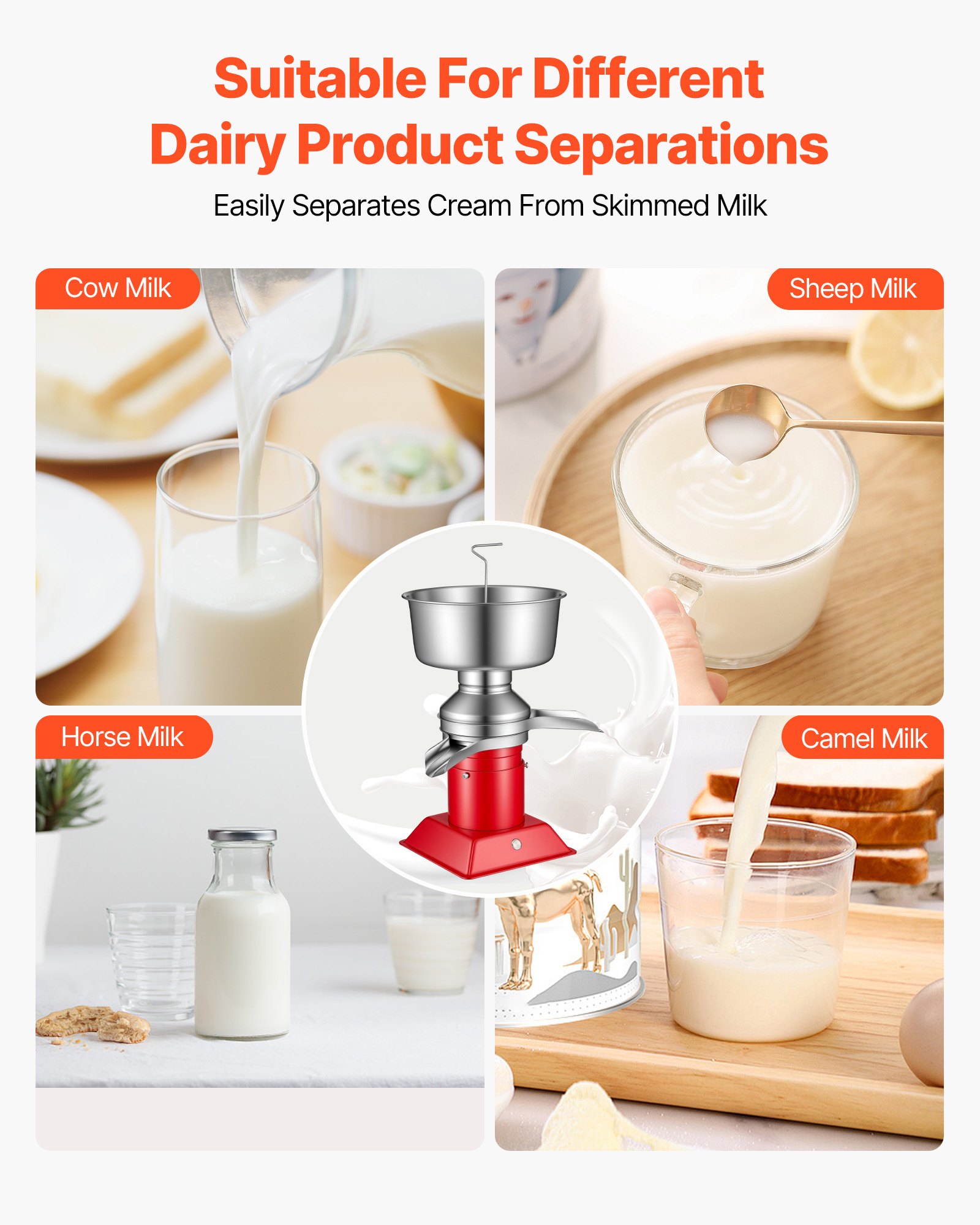 VEVOR Electric Milk Cream Separator, 60L/H Output 10500RPM Milk Cream Centrifugal Separator, 304 Stainless Steel Goat Cow Milk Skimmer Separating Machine with 4.5L Bowl Capacity (40W, 100-240V)