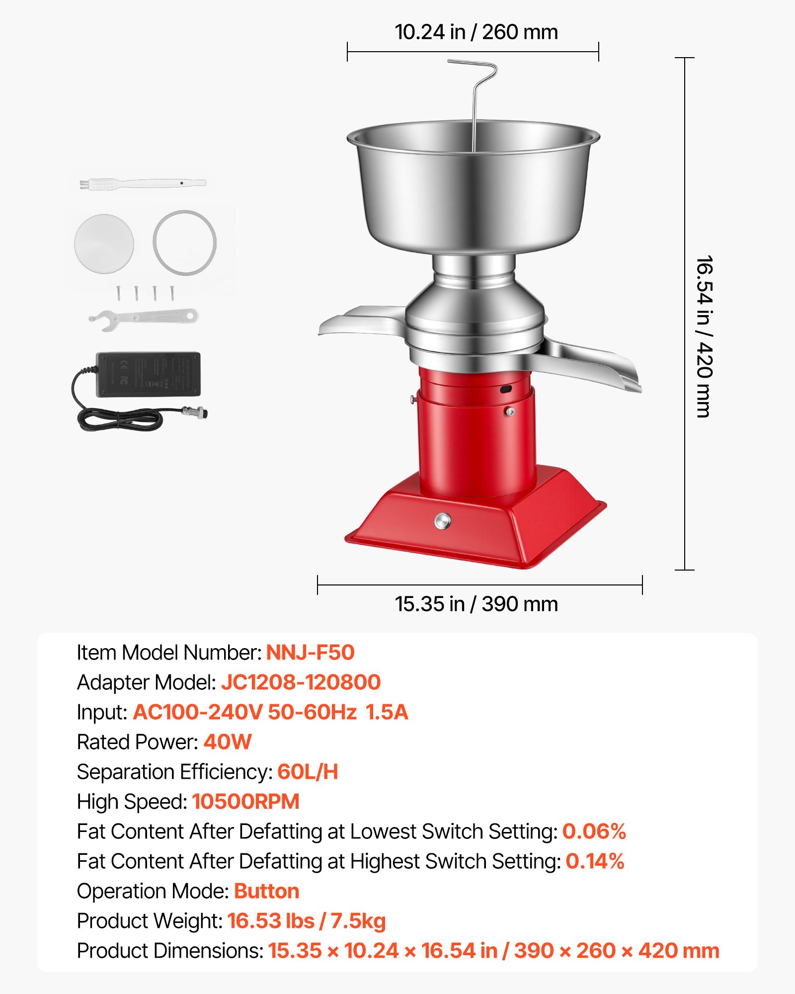 VEVOR Electric Milk Cream Separator, 60L/H Output 10500RPM Milk Cream Centrifugal Separator, 304 Stainless Steel Goat Cow Milk Skimmer Separating Machine with 4.5L Bowl Capacity (40W, 100-240V)
