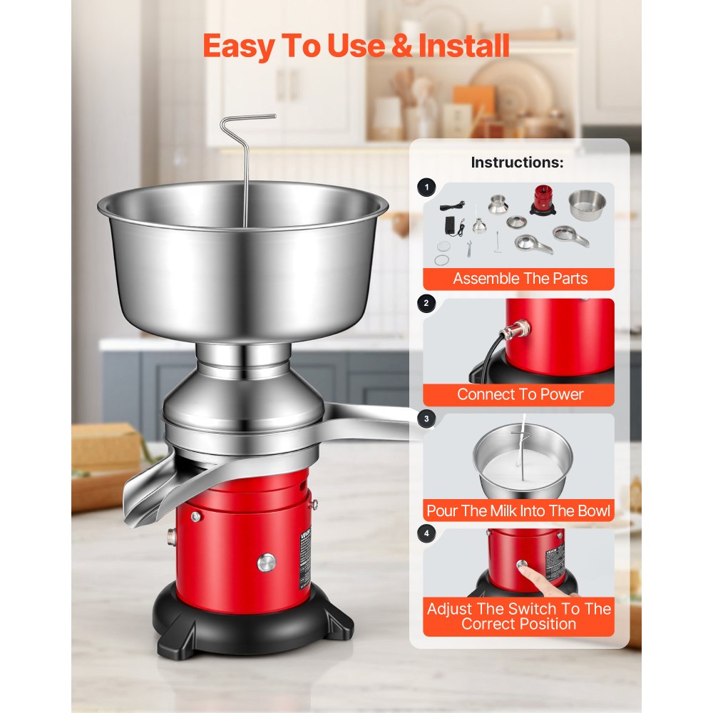 VEVOR Separatore di Latte Elettrico 40 W, Separatore di Latte da 60L/h con Base Rotondo Controllo a Pulsante, Macchina per Separazione di Latte 10500 giri/min, Centrifuga per Latte in Acciaio Inox 304