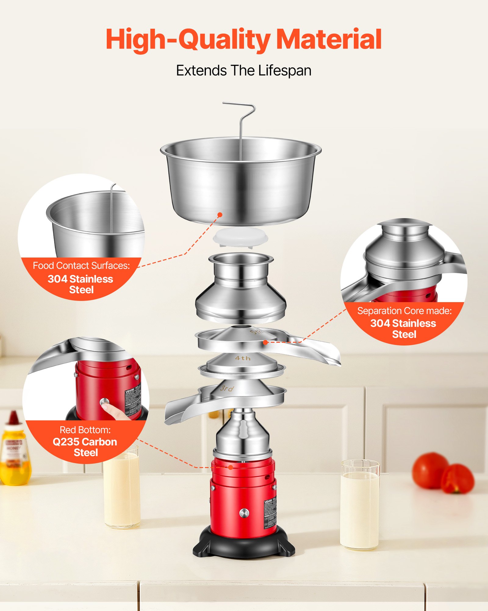 VEVOR Separatore di Latte Elettrico 40 W, Separatore di Latte da 60L/h con Base Rotondo Controllo a Pulsante, Macchina per Separazione di Latte 10500 giri/min, Centrifuga per Latte in Acciaio Inox 304