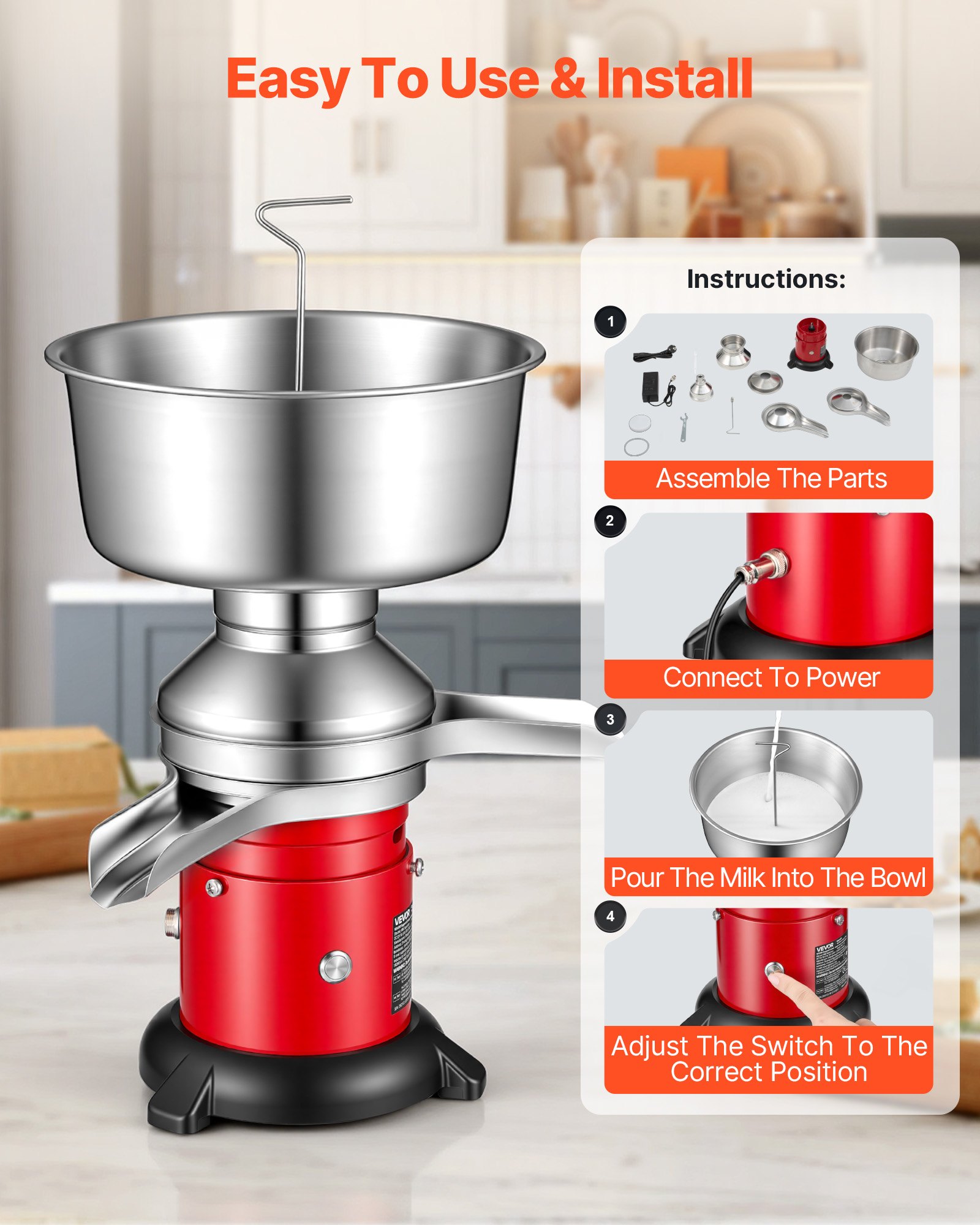 VEVOR Separatore di Latte Elettrico 40 W, Separatore di Latte da 60L/h con Base Rotondo Controllo a Pulsante, Macchina per Separazione di Latte 10500 giri/min, Centrifuga per Latte in Acciaio Inox 304