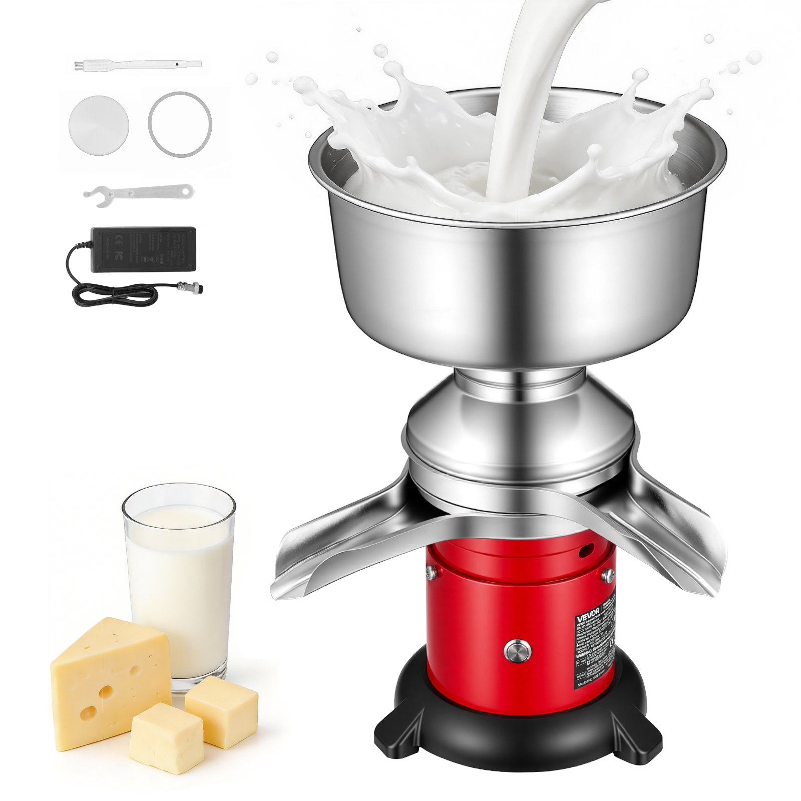 VEVOR Separatore di Latte Elettrico 40 W, Separatore di Latte da 60L/h con Base Rotondo Controllo a Pulsante, Macchina per Separazione di Latte 10500 giri/min, Centrifuga per Latte in Acciaio Inox 304