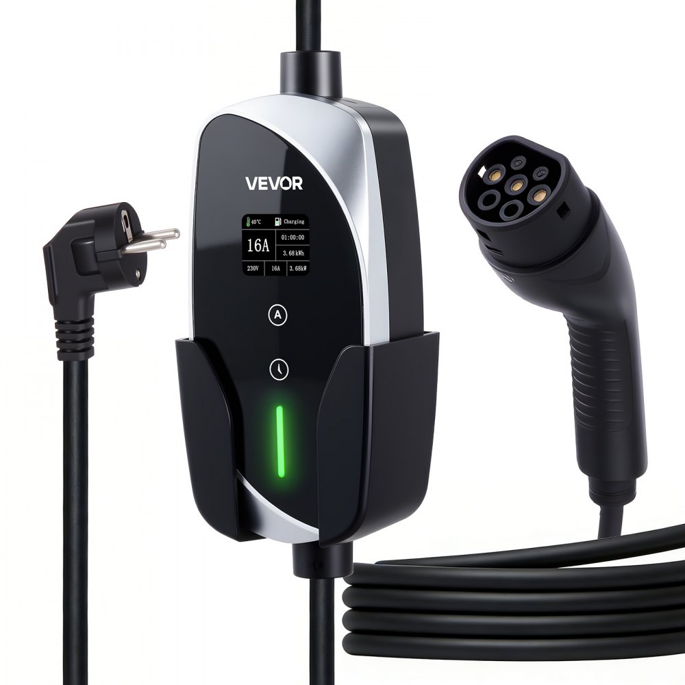 VEVOR Caricabatterie Portatile per Auto Elettriche 3,6 kW 16 A, Colonnina Portatile per Veicoli Elettrici di Tipo 2 Stazione Ricarica Monofase con Cavo Ricarica 6 m Spina Schuko 16A Schermo LCD