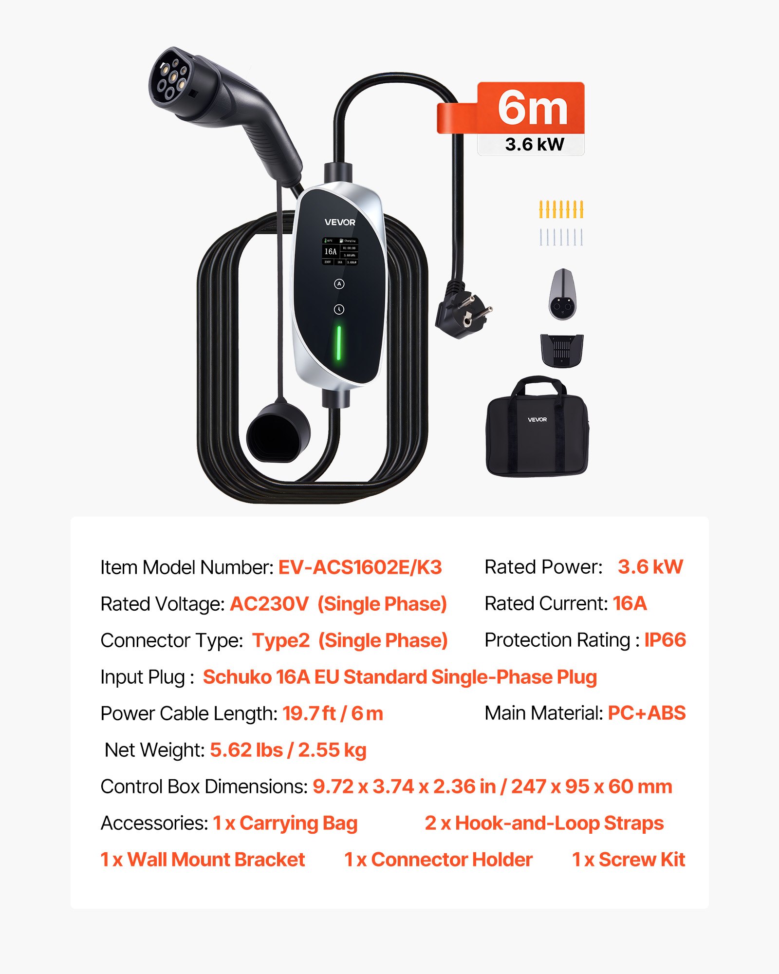 VEVOR Caricabatterie Portatile per Auto Elettriche 3,6 kW 16 A, Colonnina Portatile per Veicoli Elettrici di Tipo 2 Stazione Ricarica Monofase con Cavo Ricarica 6 m Spina Schuko 16A Schermo LCD