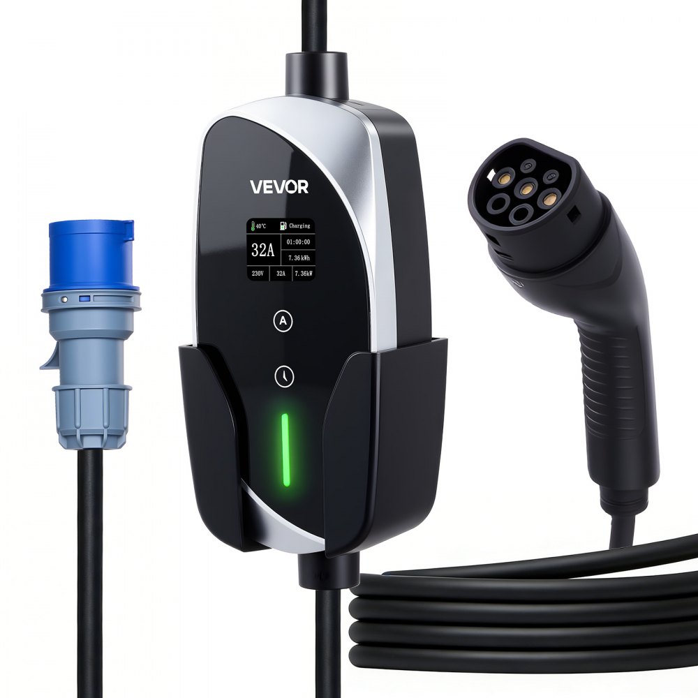 VEVOR Caricabatterie Portatile per Auto Elettriche 7,4 kW 32 A, Colonnina Portatile per Veicoli Elettrici di Tipo 2 Stazione Ricarica CEE Monofase con Cavo Ricarica 6 m Spina Schuko Schermo LCD