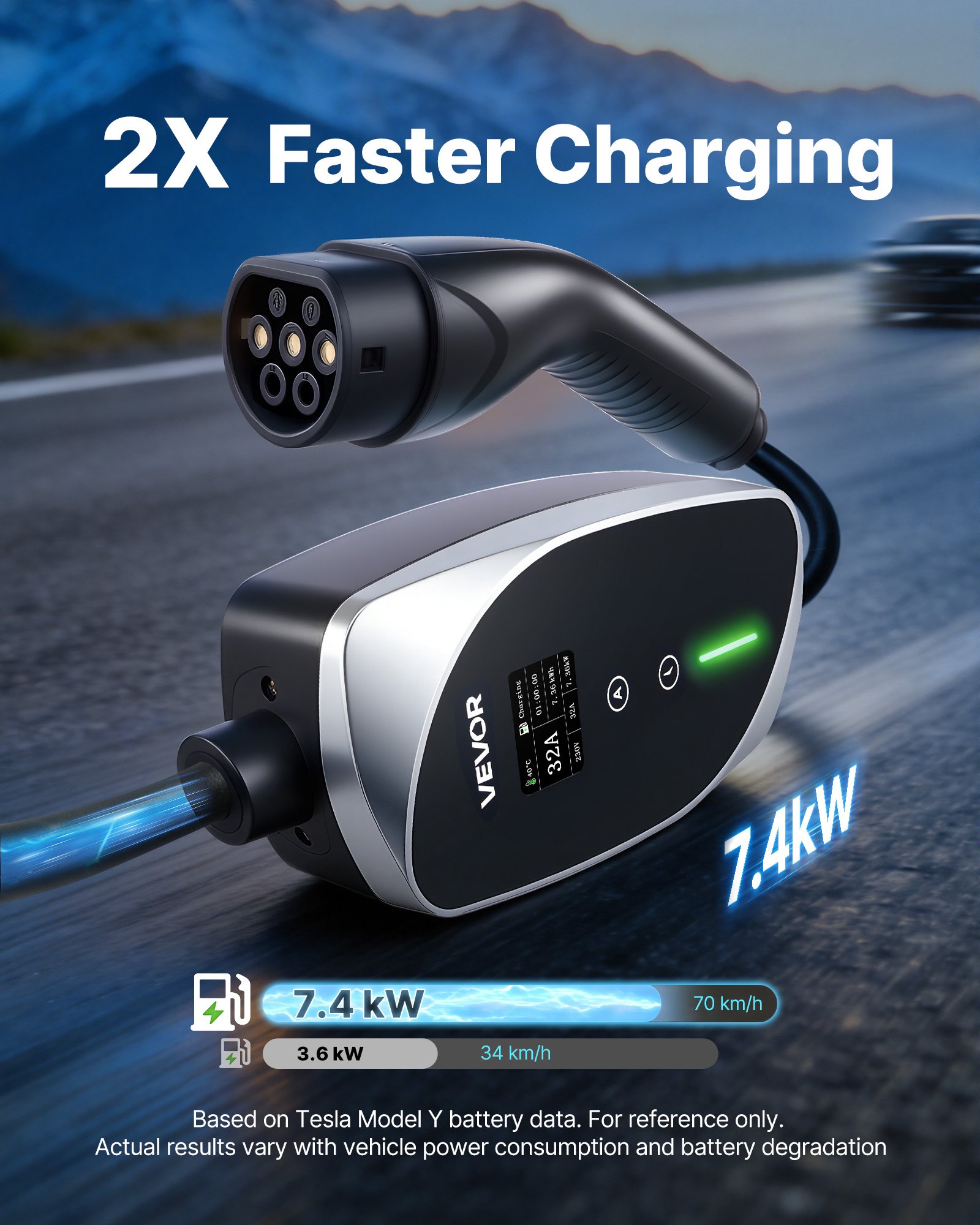 VEVOR Caricabatterie Portatile per Auto Elettriche 7,4 kW 32 A, Colonnina Portatile per Veicoli Elettrici di Tipo 2 Stazione Ricarica CEE Monofase con Cavo Ricarica 6 m Spina Schuko Schermo LCD