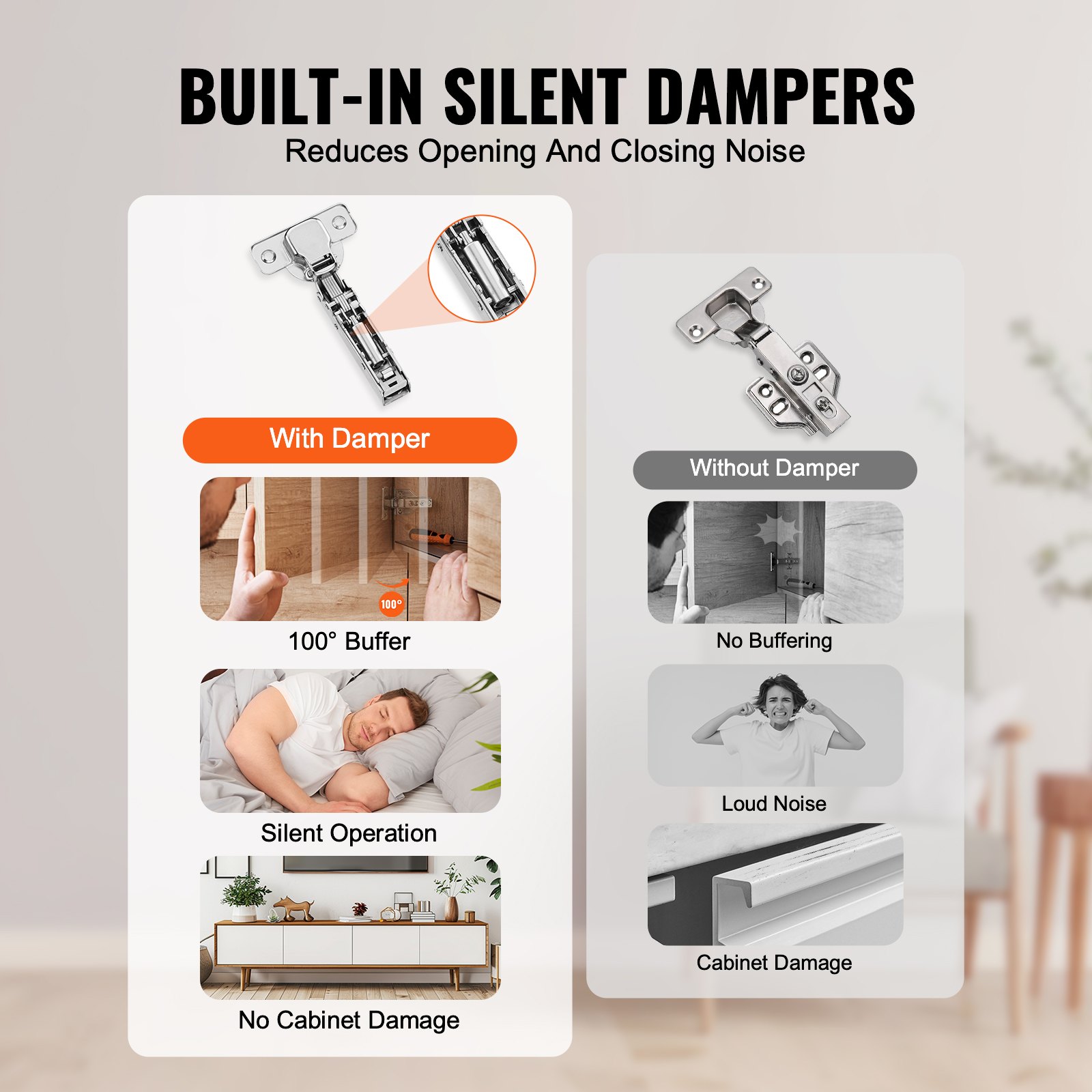 VEVOR Cabinet Hinges, Set of 50, Fully Surface Mounted Furniture Hinges, 100-Degree Opening Angle, Soft-Close, Concealed Cup Hinges for Frameless Cabinets, with Mounting Screws 115x62x28mm