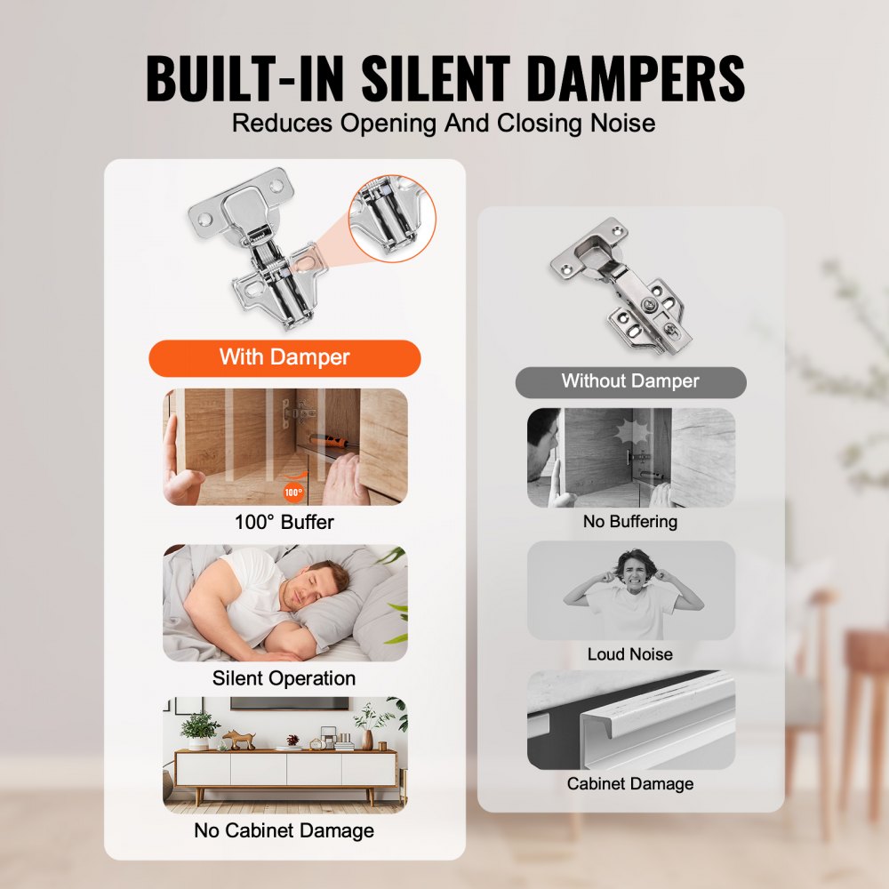 VEVOR cabinet door hinges, set of 60, partially surface-mounted furniture hinges, 100-degree opening angle, soft-close, concealed hinges for framed and frameless cabinet types, with mounting screws