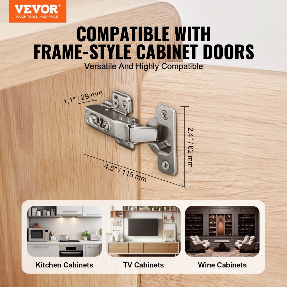 VEVOR Cabinet Hinges, Set of 60, Fully Surface Mounted Furniture Hinges, 100-Degree Opening Angle, Soft-Close, Concealed Cup Hinges for Frameless Cabinets, with Mounting Screws, 115 x 62 x 29 mm