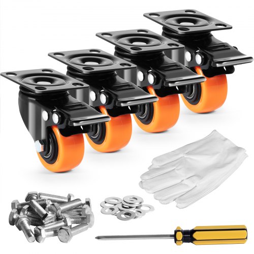 VEVOR Ruote Girevoli Set di 4 Ruote per Mobili Industriali Ruote in PVC da 50,8 mm con Doppio Freno di Bloccaggio Capacità di Carico Massima 68 kg per Carrelli Banco da Lavoro, Set di Ruote Girevoli