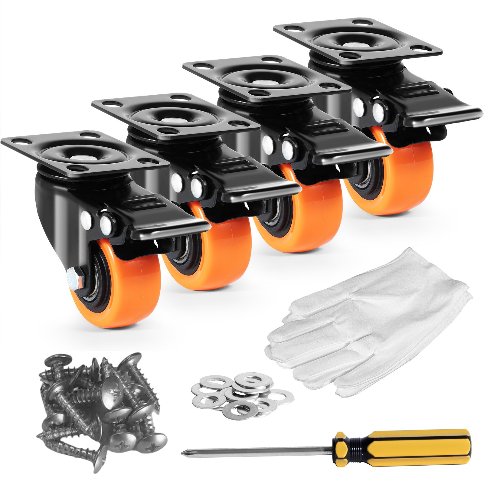 VEVOR Ruote Girevoli Set di 4 Ruote per Mobili Industriali Ruote in PVC da 50,8 mm con Doppio Freno di Bloccaggio Capacità di Carico Massima 68 kg per Carrelli Banco da Lavoro, Set di Ruote Girevoli