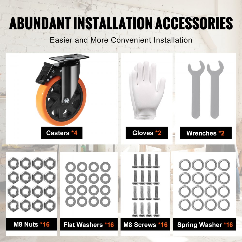 VEVOR Ruote Girevoli Set di 4 Rotelle per Mobili Industriali Ruote Silenziose in PVC Diametro da 152,4mm con Freno di Bloccaggio A/B Capacità Carico 318kg per Rotella per Carrelli da Banco da Lavoro