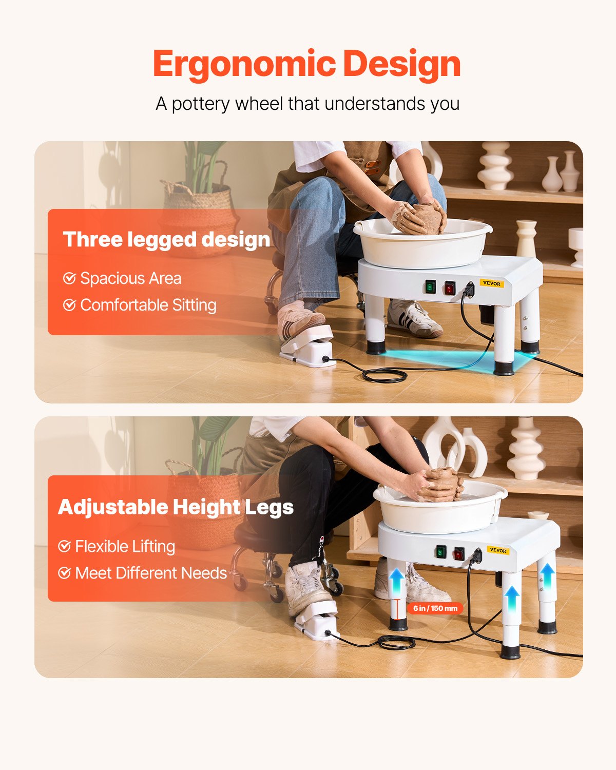 VEVOR Tornio per Ceramica, Macchina per la Formatura di Ruote in Ceramica da 28 cm, Velocità Regolabile da 60 a 300 giri/min, Pedale, Gamba di Sollevamento Regolabile, Vasca Rimovibile, Bianco