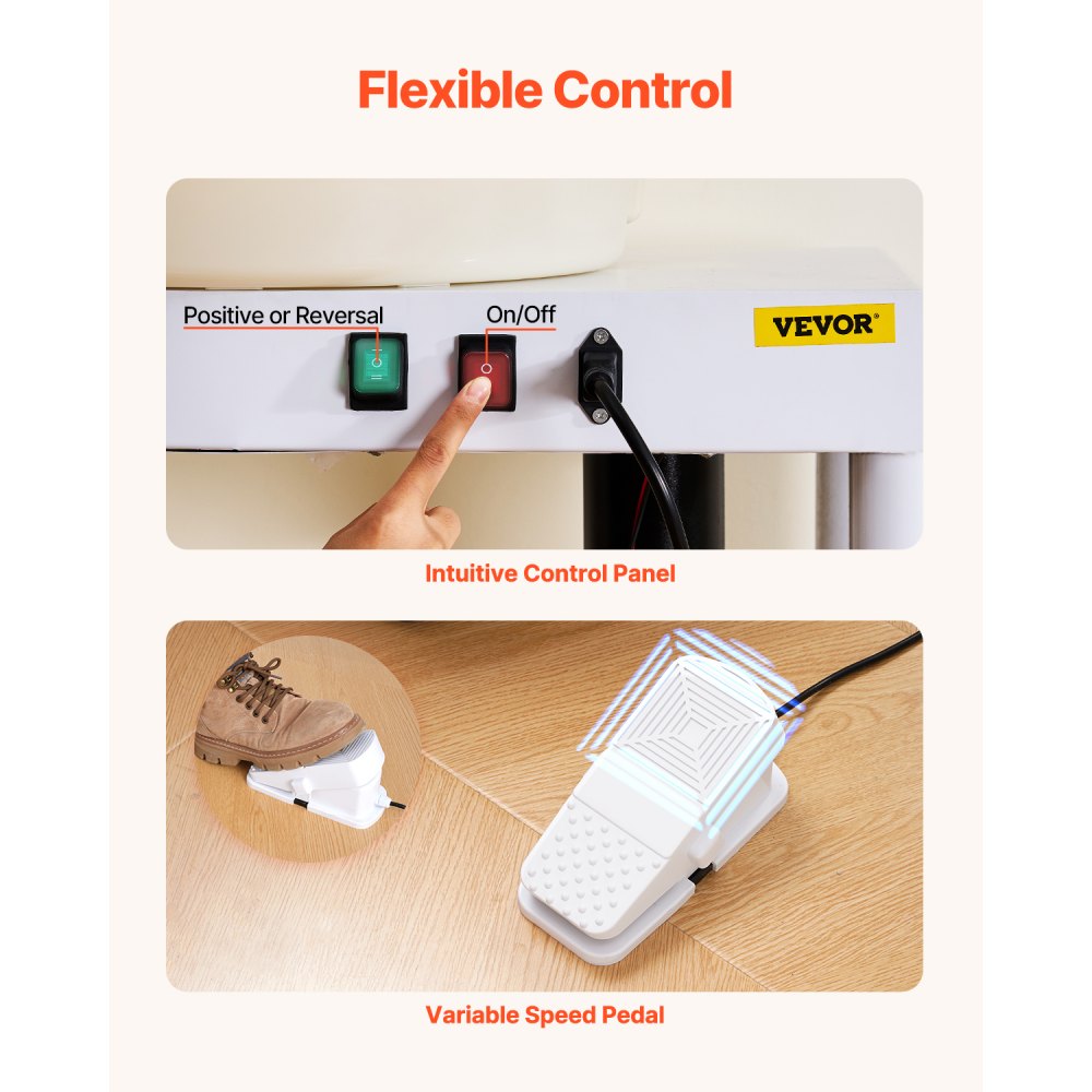 VEVOR Tornio per Ceramica, Macchina per la Formatura di Ceramiche da 35 cm, Velocità da 60 a 300 giri/min, con Accessori Pedale, Gamba di Sollevamento Regolabile, Vasca Rimovibile, Bianco