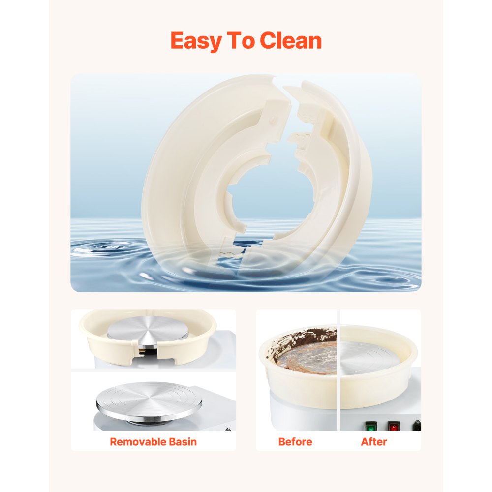 VEVOR Tornio per Ceramica, Macchina per la Formatura di Ceramiche da 35 cm, Velocità da 60 a 300 giri/min, con Accessori Pedale, Gamba di Sollevamento Regolabile, Vasca Rimovibile, Bianco