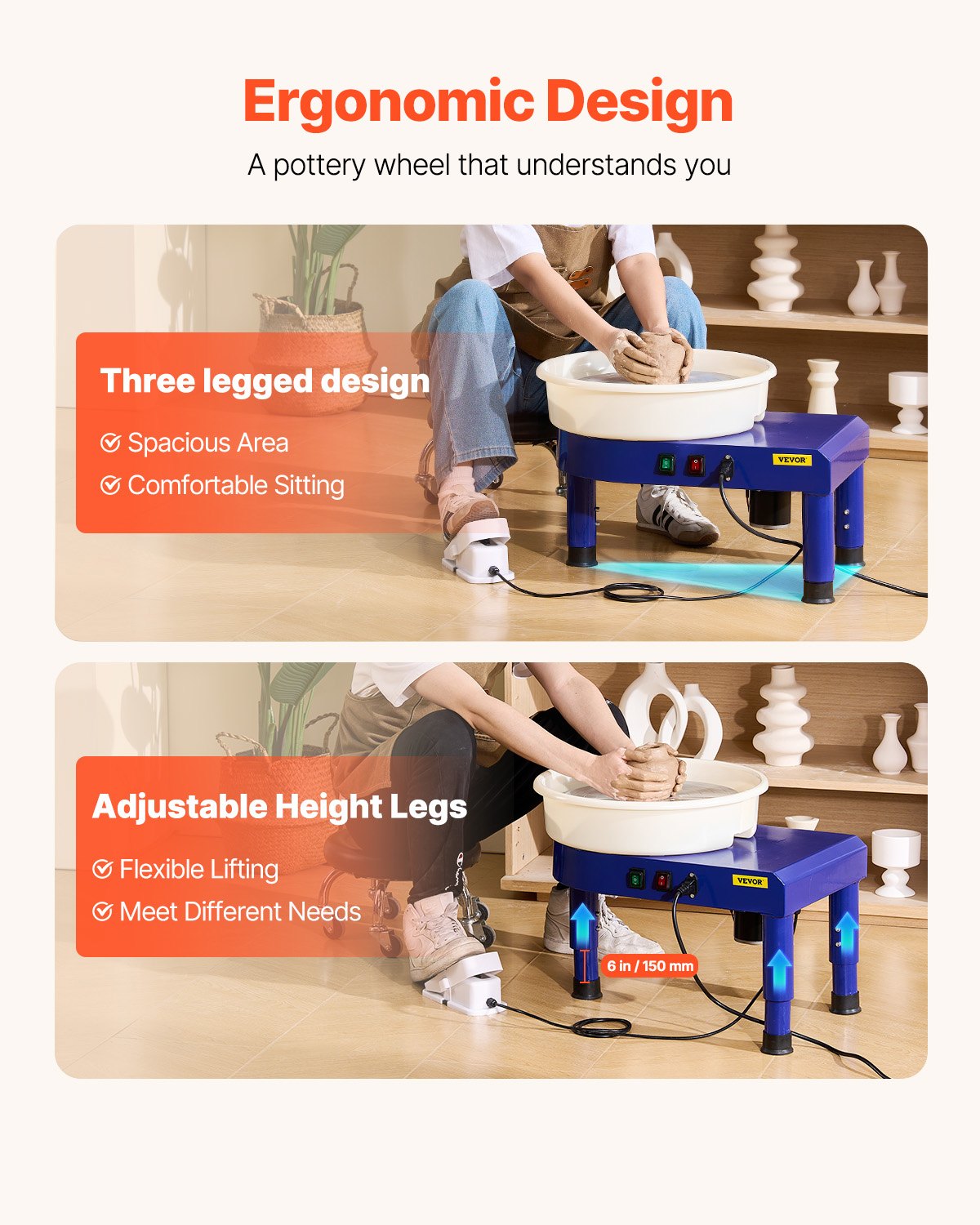 VEVOR Tornio per Ceramica da 35 cm Macchina per Formatura di Ceramiche, Velocità Regolabile da 60 a 300 giri/min Pedale, Gamba di Sollevamento Regolabile, Vasca Rimovibile, per Lavori Artistici, Blu