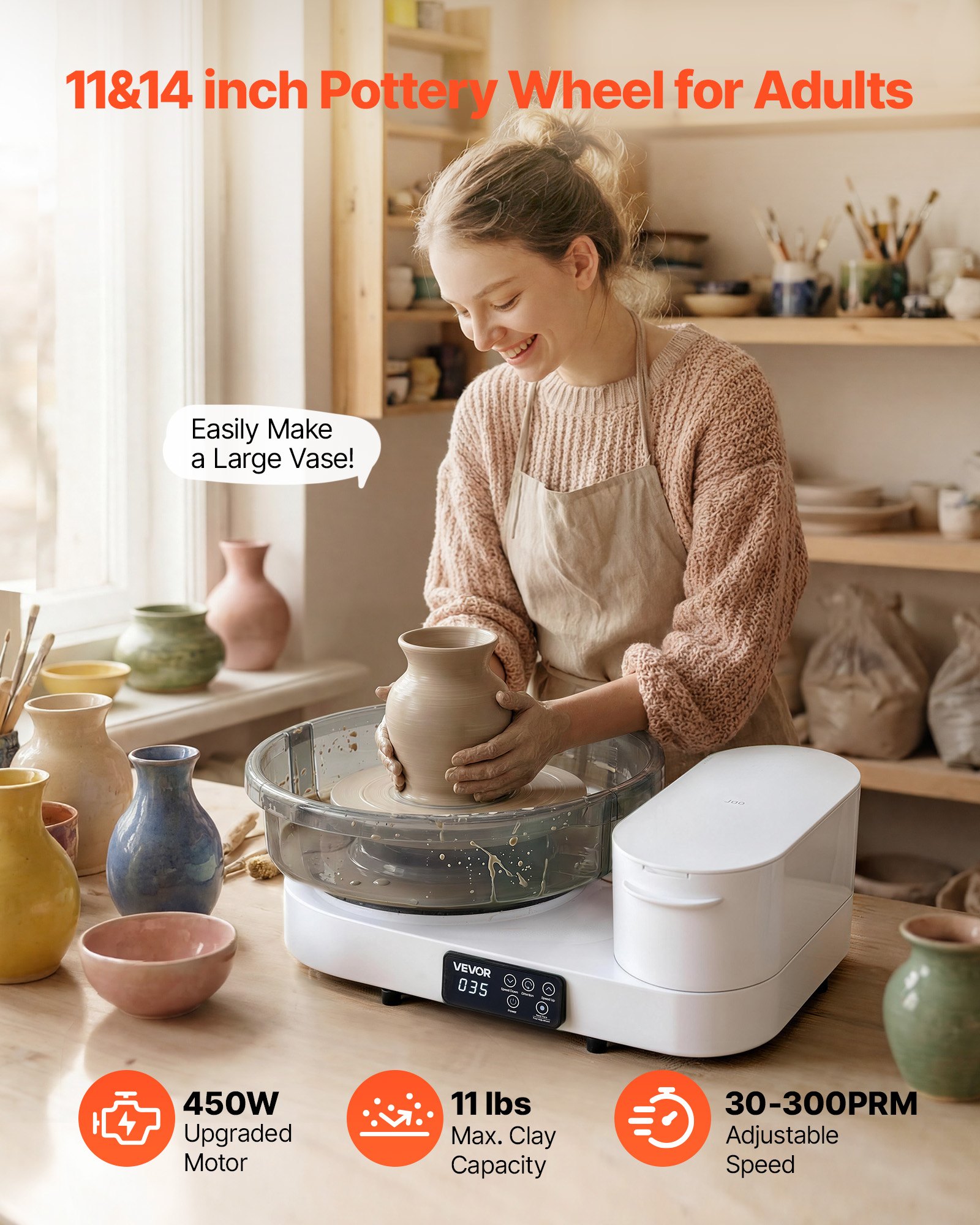 VEVOR Pottery Wheel for Adults, 36 and 28 cm Turntables, 450W Electric Table Top Pottery Wheel with Foot Pedal, 30-300 RPM Adjustable Speed, Aluminum Body, for Beginners, DIY Clay Art Craft, White