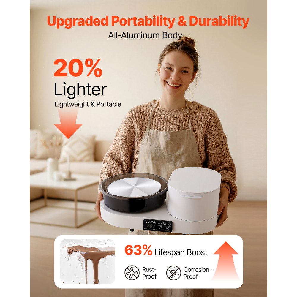 VEVOR Tornio Ceramica da Banco Elettrico Bianco 450W con Pedale, Piatto Girevole in Alluminio da 28cm, Velocità Regolabile da 30 a 300 giri/min, per Artigianato Fai Da Te Lavorazione Creta Argilla