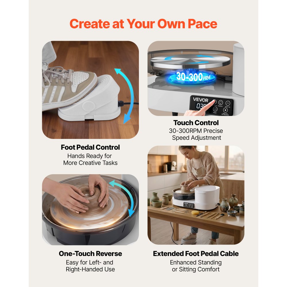 VEVOR Tornio Ceramica da Banco Elettrico Bianco 450W con Pedale, Piatto Girevole in Alluminio da 28cm, Velocità Regolabile da 30 a 300 giri/min, per Artigianato Fai Da Te Lavorazione Creta Argilla