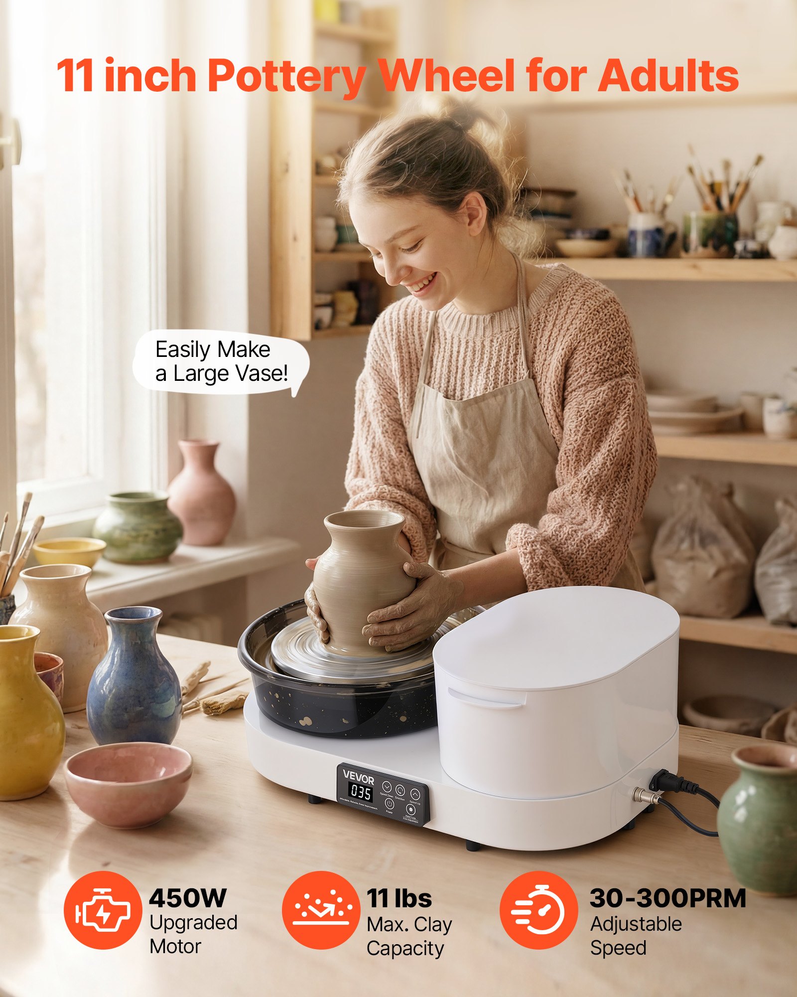 VEVOR Tornio Ceramica da Banco Elettrico Bianco 450W con Pedale, Piatto Girevole in Alluminio da 28cm, Velocità Regolabile da 30 a 300 giri/min, per Artigianato Fai Da Te Lavorazione Creta Argilla