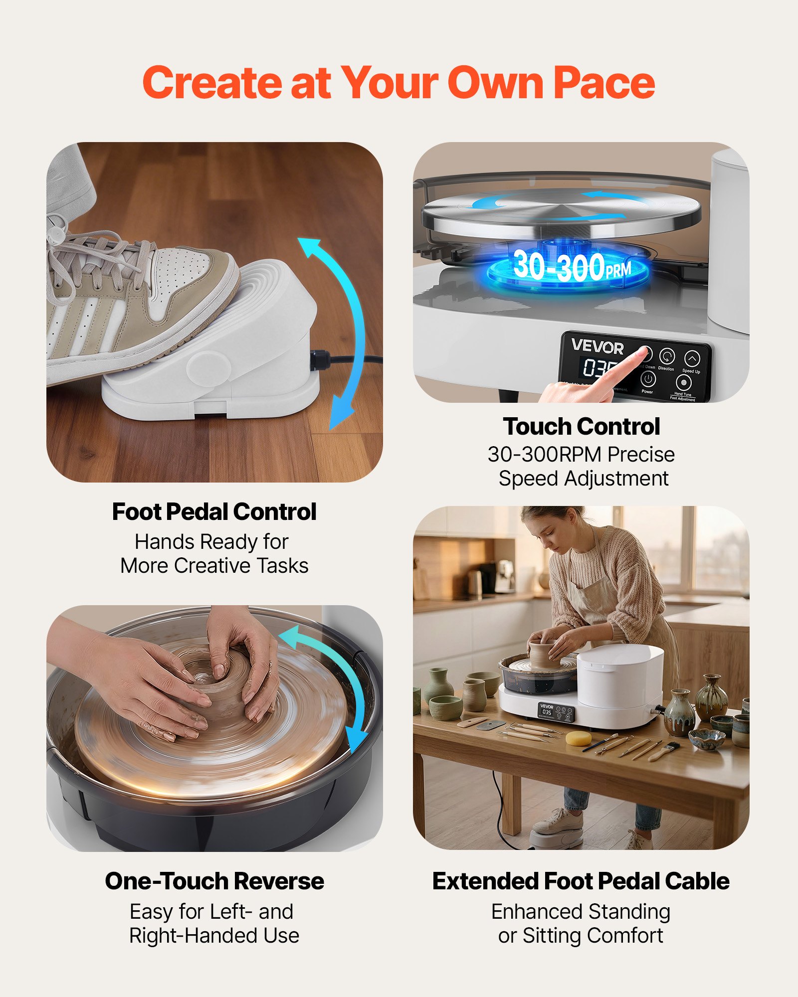 VEVOR Tornio Ceramica da Banco Elettrico Bianco 450W con Pedale, Piatto Girevole in Alluminio da 28cm, Velocità Regolabile da 30 a 300 giri/min, per Artigianato Fai Da Te Lavorazione Creta Argilla