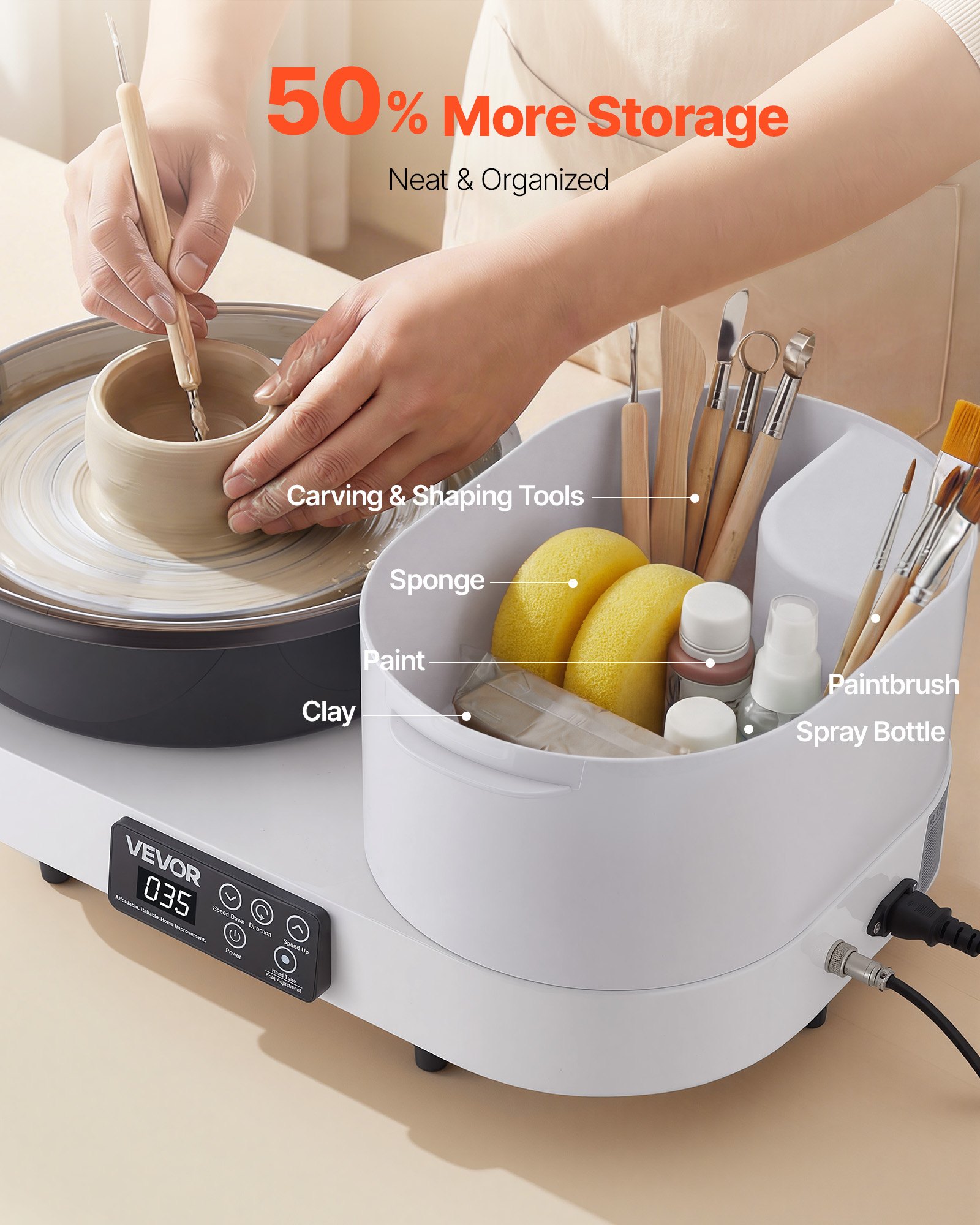 VEVOR Tornio Ceramica da Banco Elettrico Bianco 450W con Pedale, Piatto Girevole in Alluminio da 28cm, Velocità Regolabile da 30 a 300 giri/min, per Artigianato Fai Da Te Lavorazione Creta Argilla