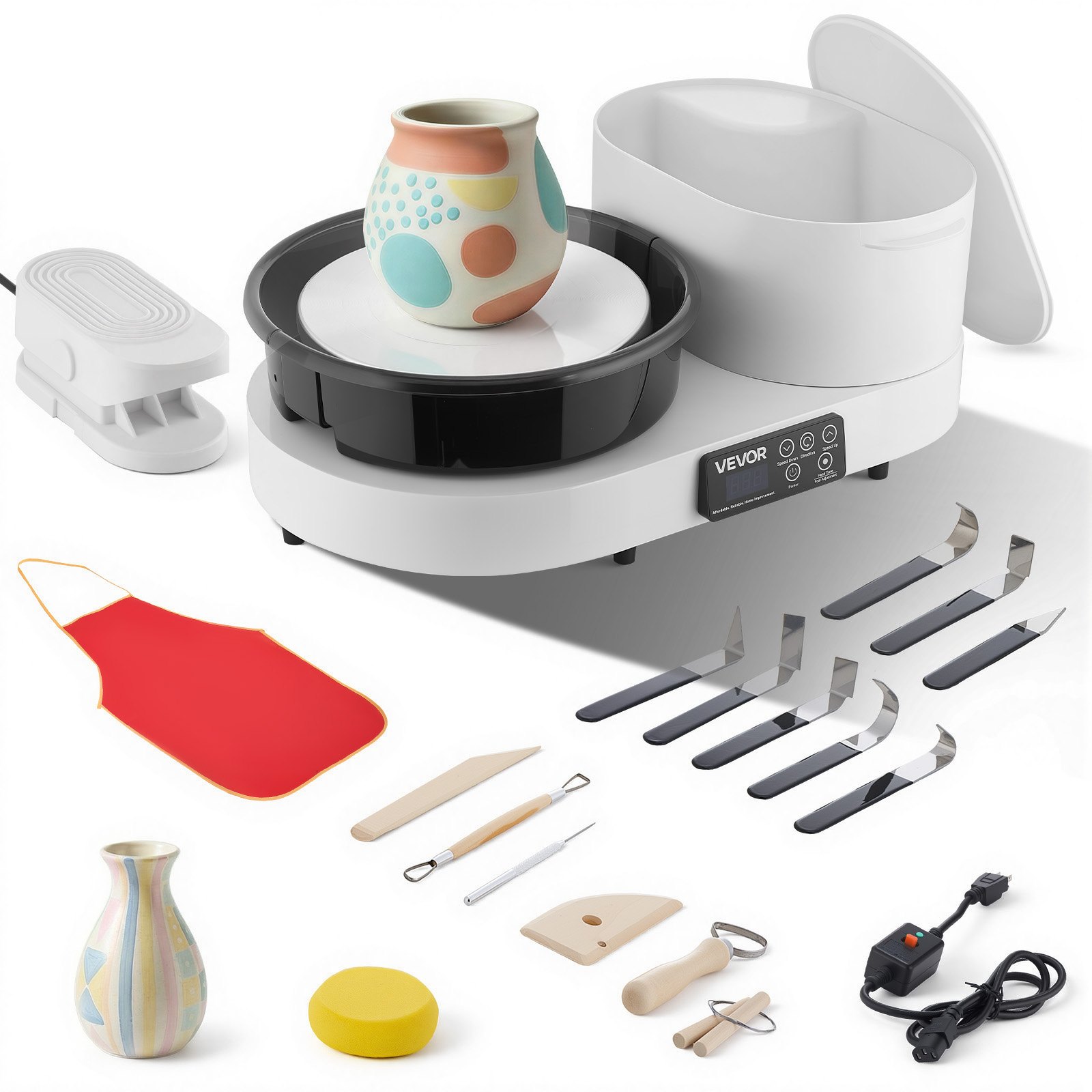 VEVOR Tornio Ceramica da Banco Elettrico Bianco 450W con Pedale, Piatto Girevole in Alluminio da 28cm, Velocità Regolabile da 30 a 300 giri/min, per Artigianato Fai Da Te Lavorazione Creta Argilla