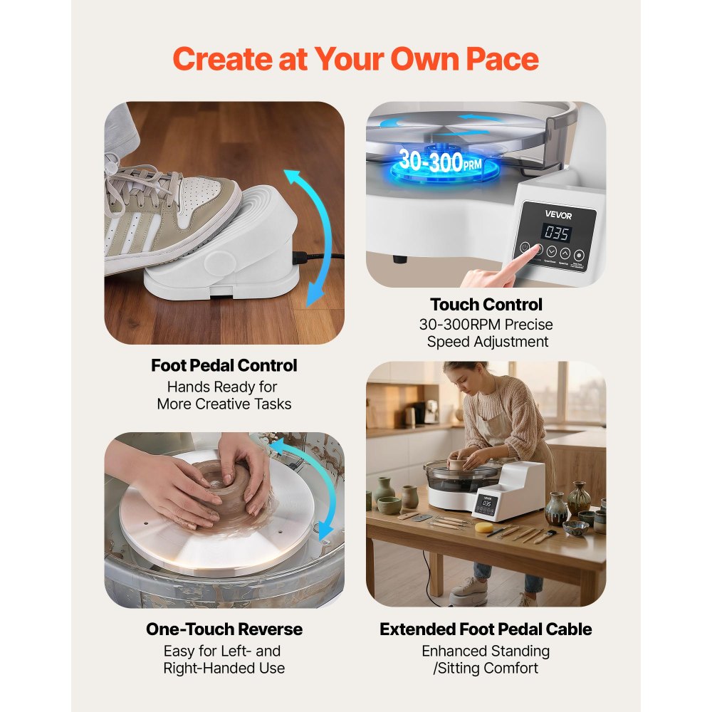 VEVOR Pottery Wheel for Adults, 28 cm Aluminum Turntable, 450W Electric Table Top Pottery Wheel with Foot Pedal, 30-300 RPM Adjustable Speed, Detachable Basin, for Beginners, DIY Clay Art Craft, White