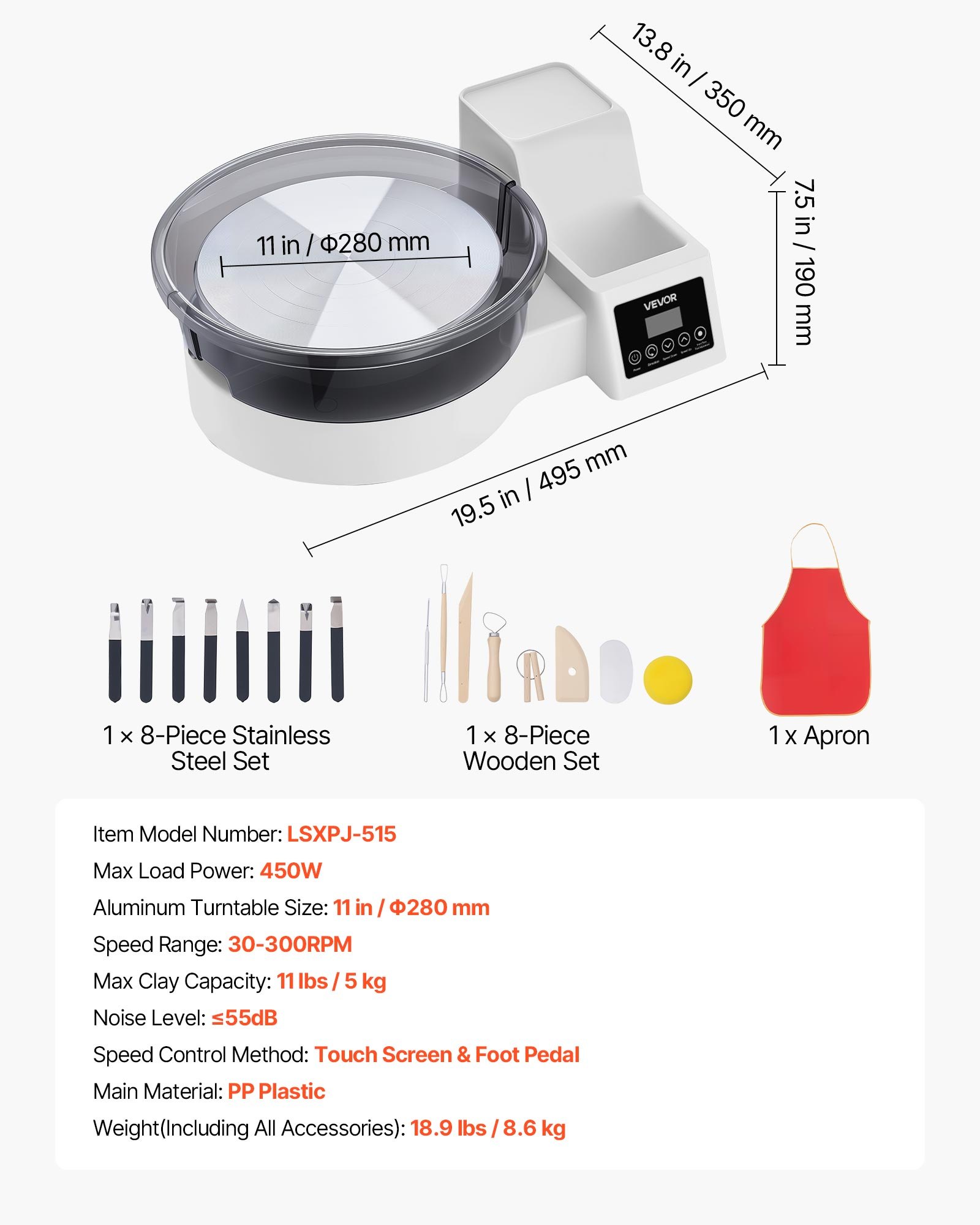 VEVOR Pottery Wheel for Adults, 28 cm Aluminum Turntable, 450W Electric Table Top Pottery Wheel with Foot Pedal, 30-300 RPM Adjustable Speed, Detachable Basin, for Beginners, DIY Clay Art Craft, White